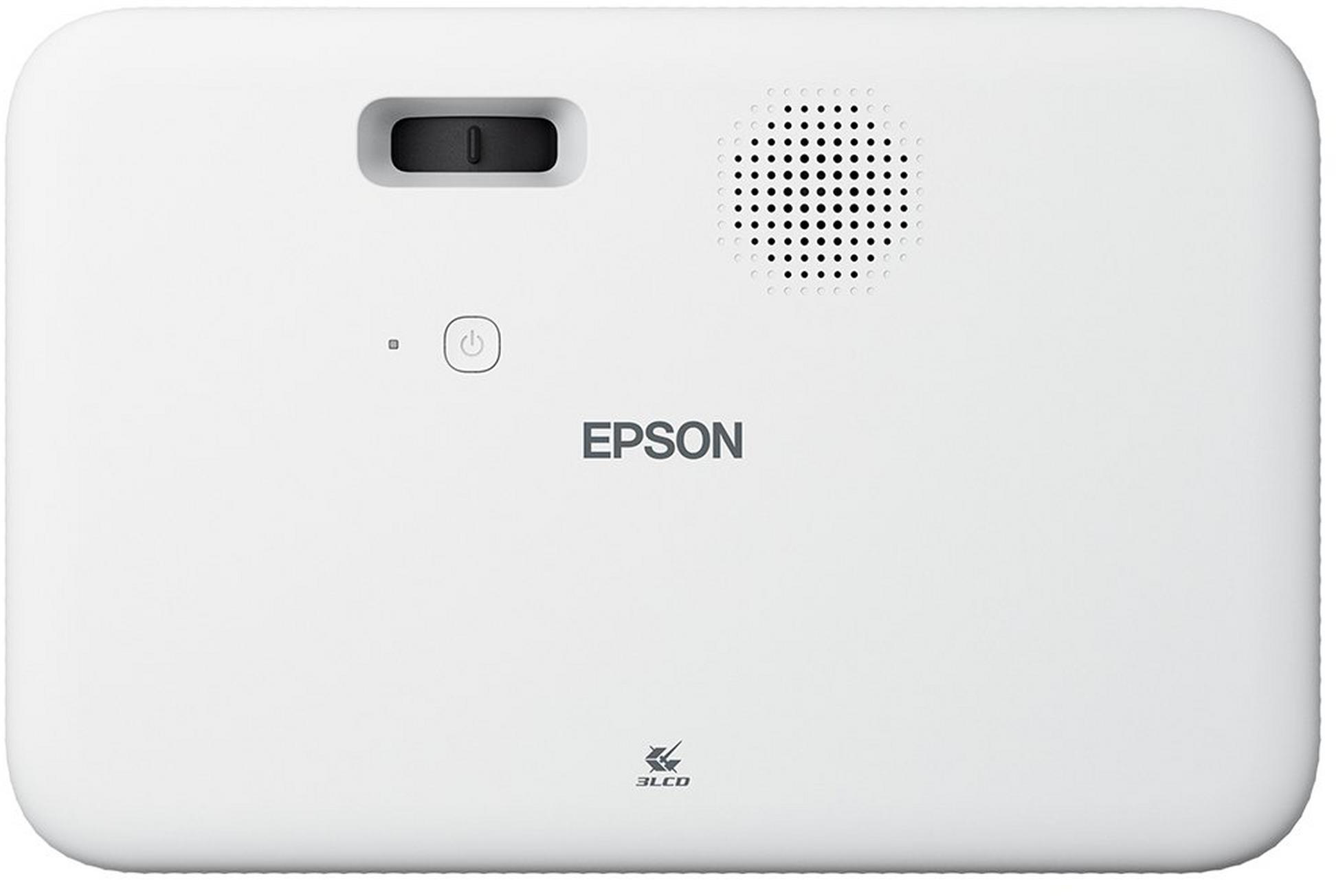 Fehér Epson projektor, felülnézet. Tartalmaz bekapcsológombot, hangszórót és objektívet.