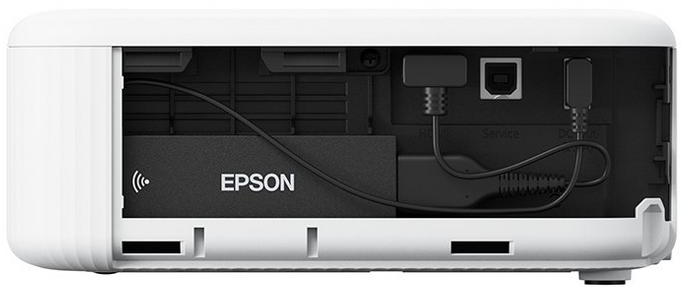Fehér projektor hátulja portokkal, kábelekkel és Epson logóval. Fekete belső, fehér burkolat.