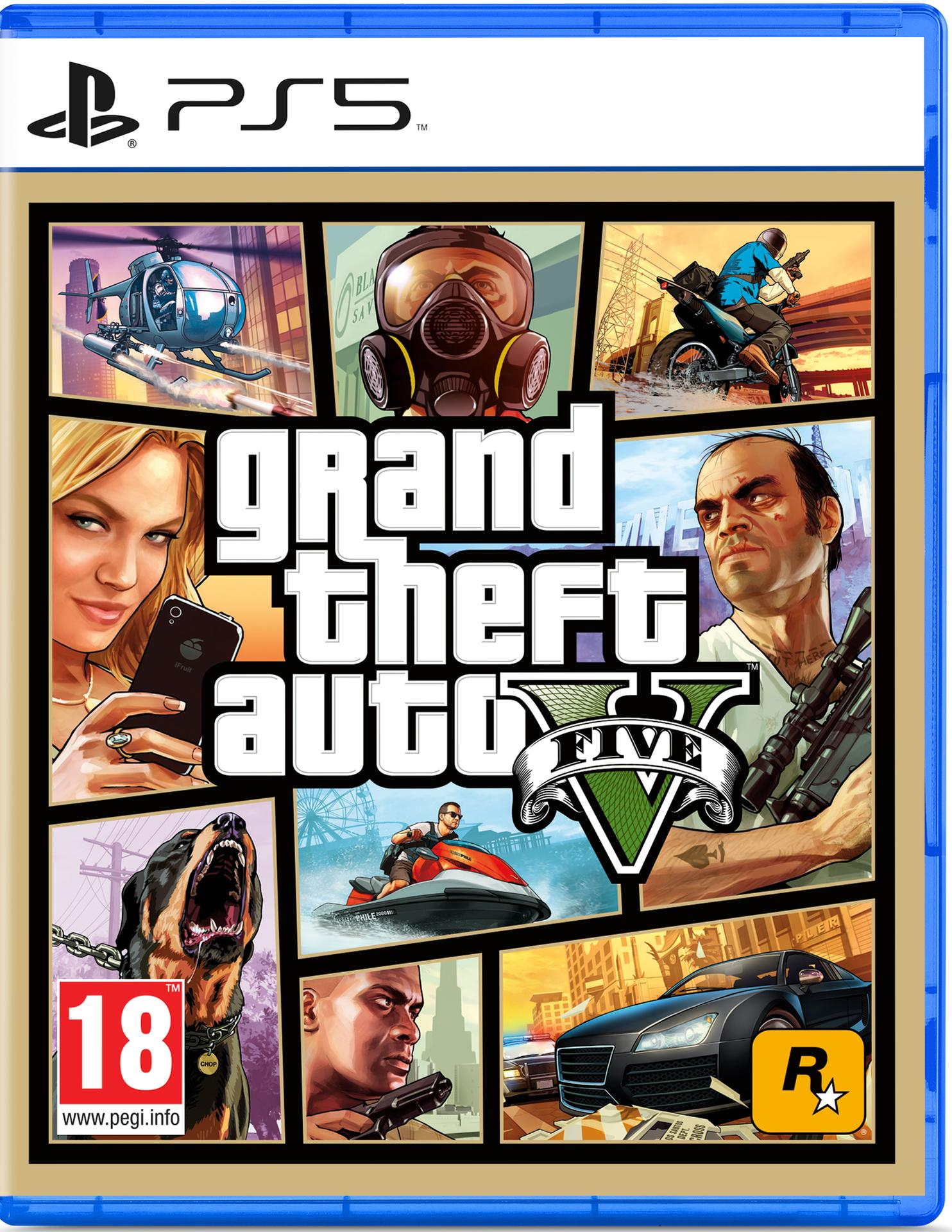 PS5-Spielcover mit verschiedenen Actionszenen und Charakteren aus GTA V.