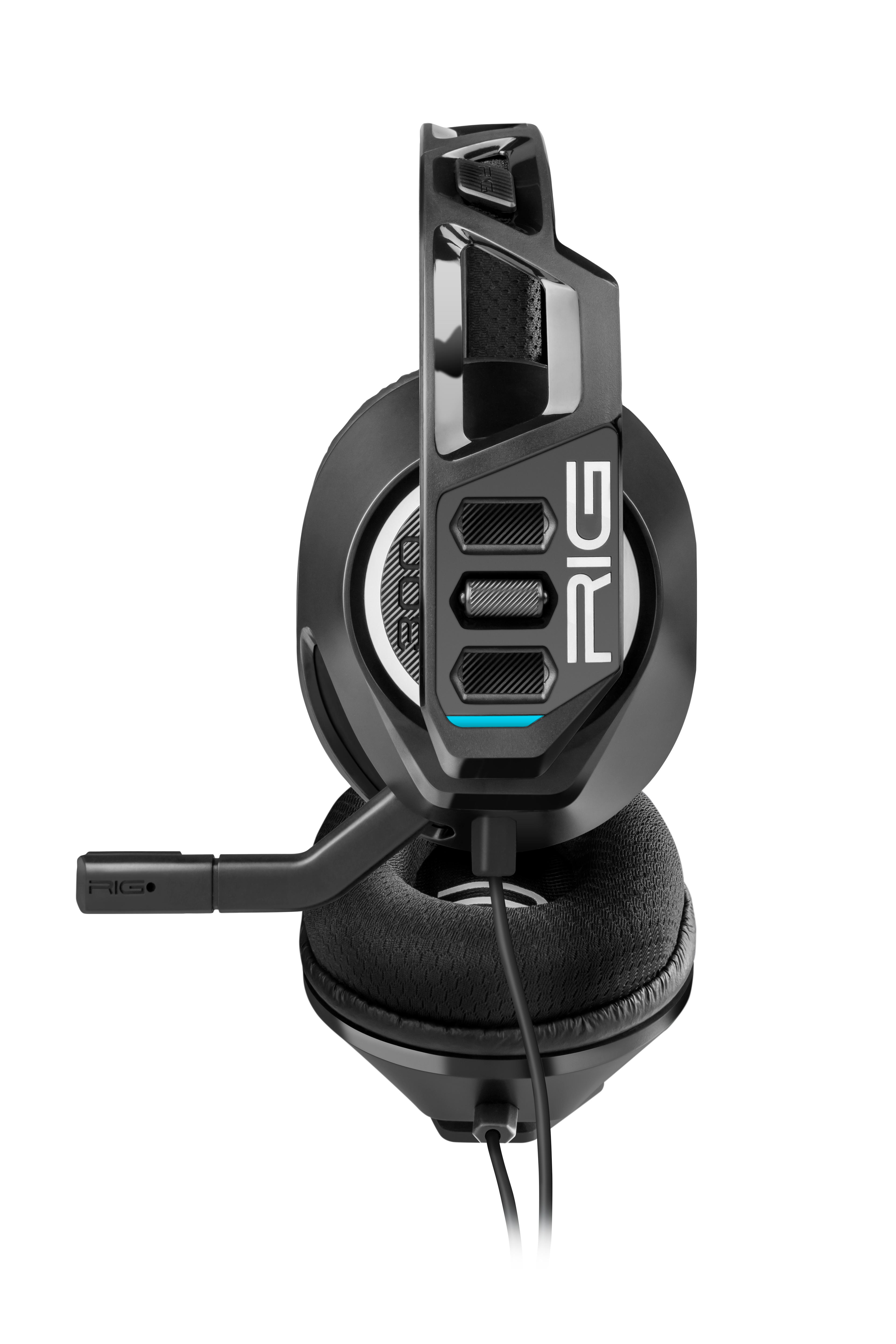 Ein schwarzes und graues Gaming-Headset, mit dem Wort RIG sichtbar.
