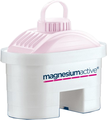 Egy rózsaszín-fehér vízszűrő a 'magnesiumactive' felirattal.
