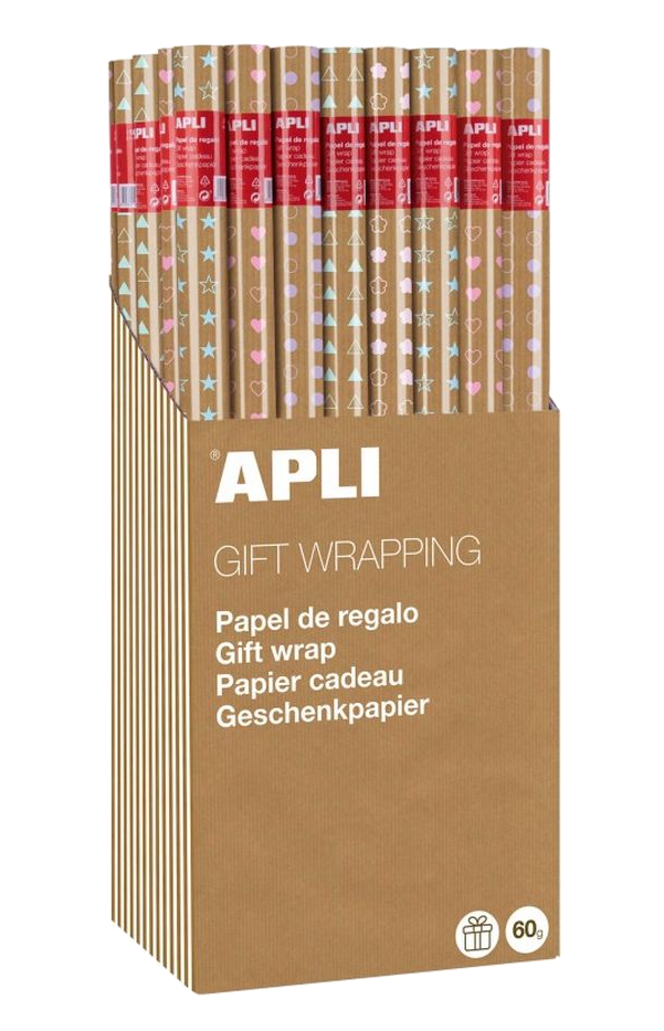 Rollos de papel de regalo con formas coloridas. Caja marrón muestra la marca 'APLI' y detalles.