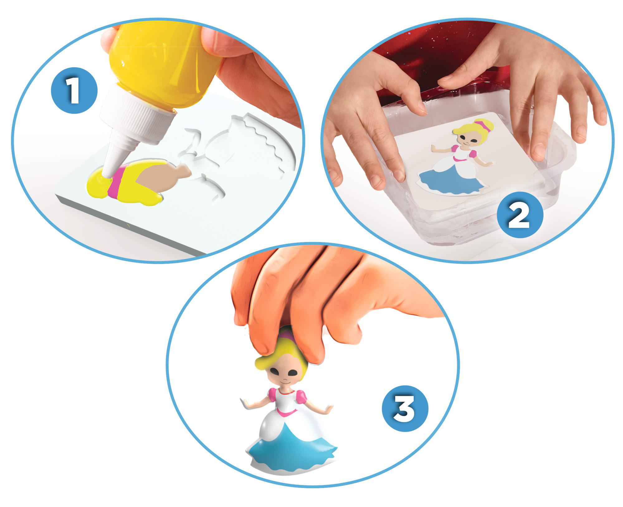 Schritte, die zeigen, wie ein Kind mit gelber Farbe eine Puppe aus einer Form herstellt.