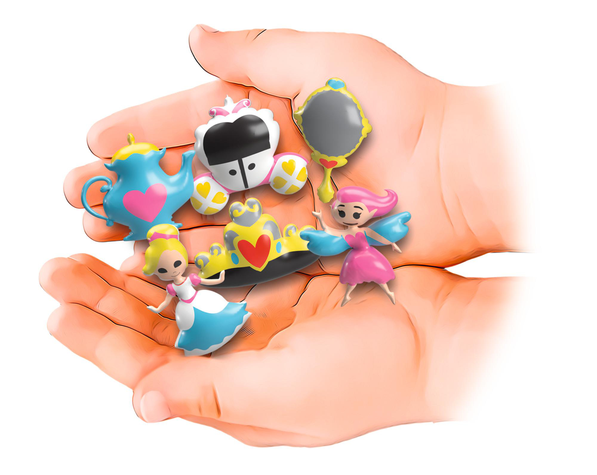 Ein Paar Hände, die Spielfiguren einer Teekanne, Alice, einer Königin, einem Spiegel und einer Fee halten.