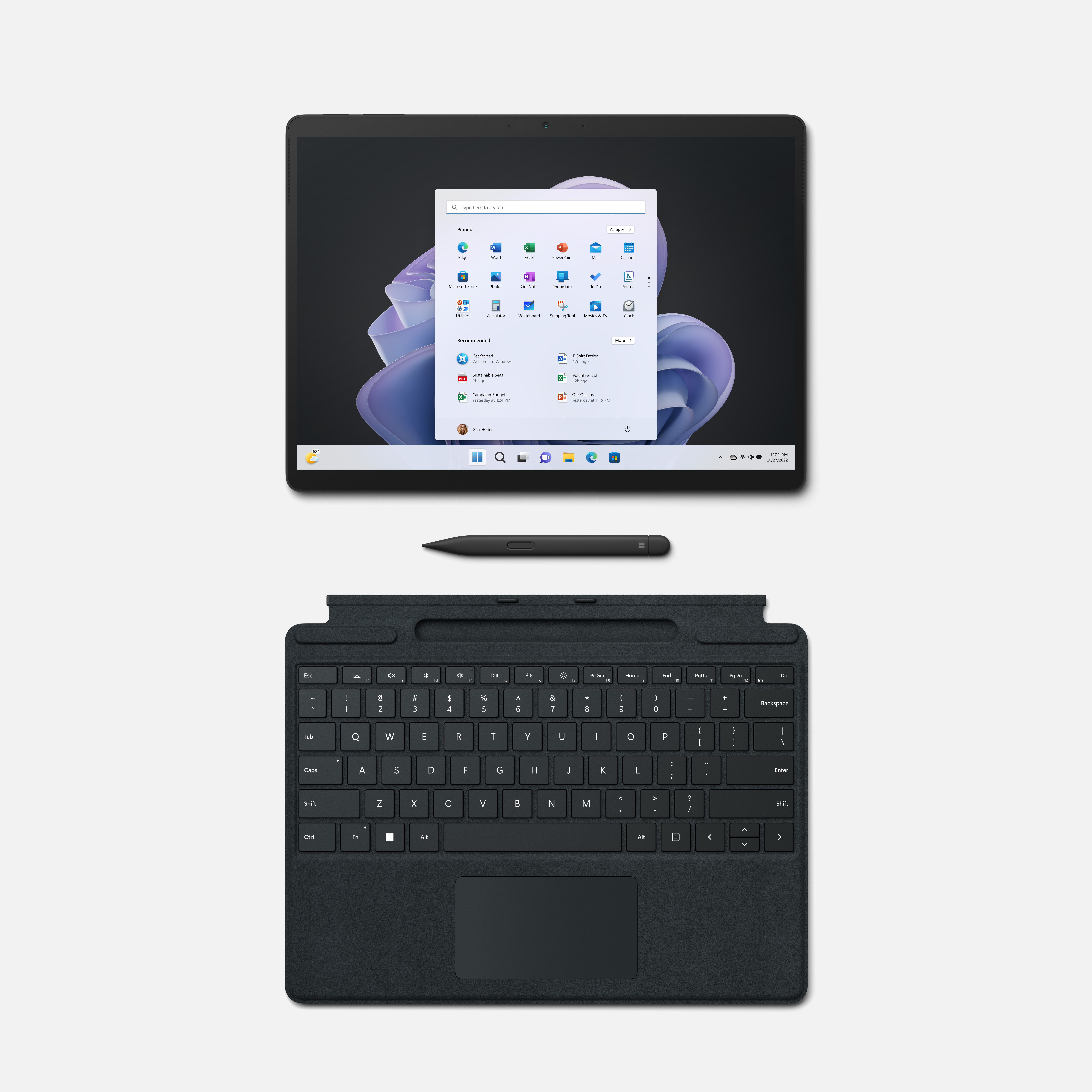 Ein Tablet mit Tastatur und Stift auf weißer Oberfläche, zeigt einen Bildschirm.