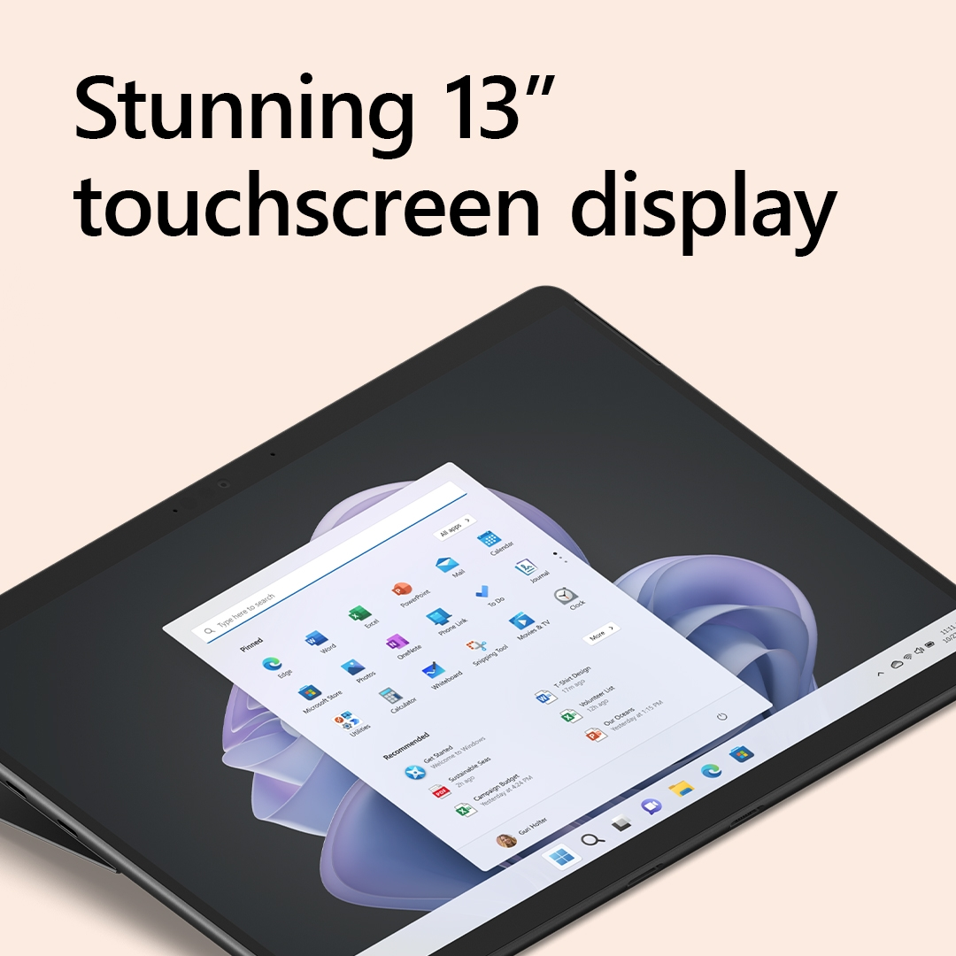 Tablet-Display mit Touchscreen-Oberfläche, zeigt einen App-Bildschirm. Der Text lautet "Stunning 13" touchscreen display".