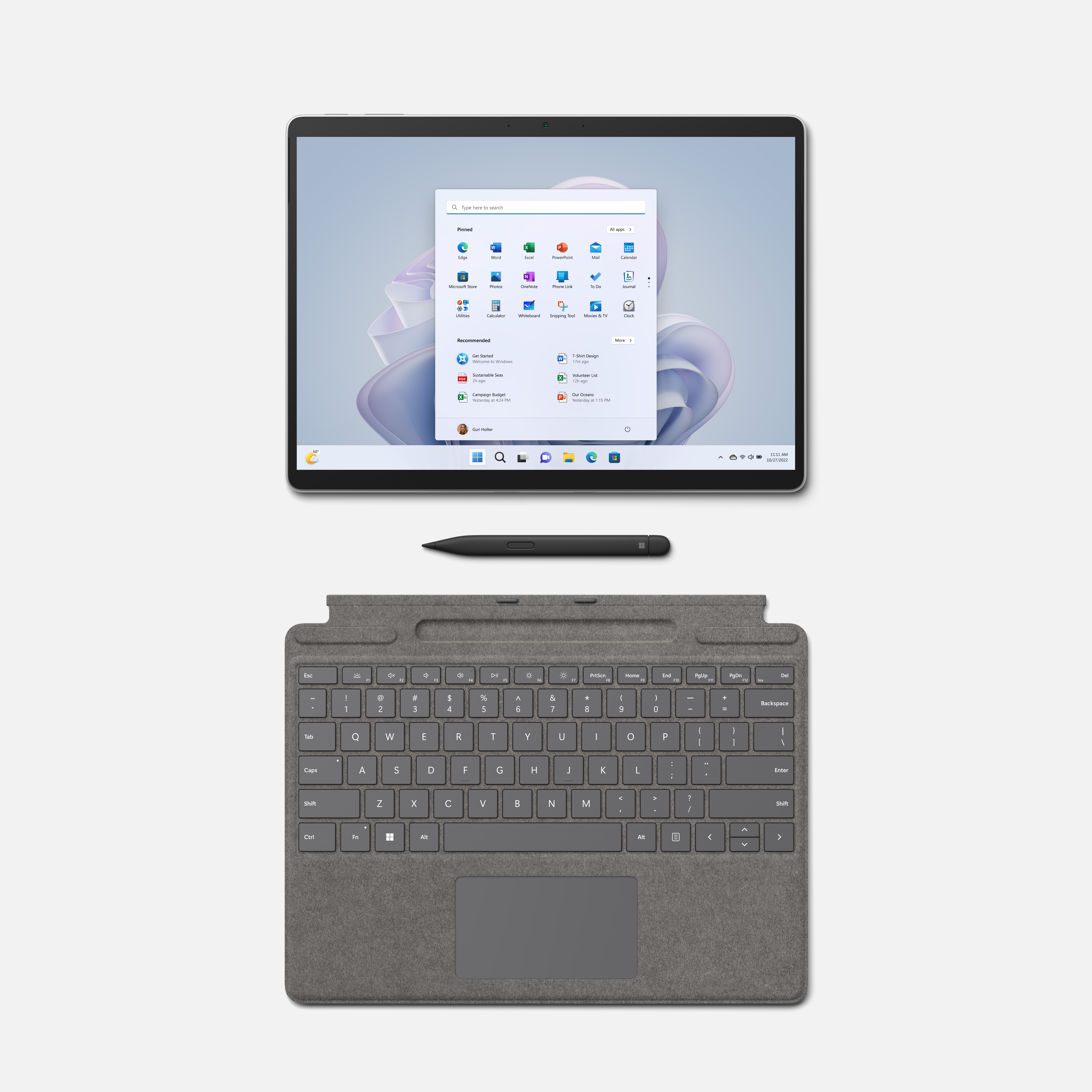 Ein Tablet mit Display, Tastatur und Stift auf hellgrauem Hintergrund.