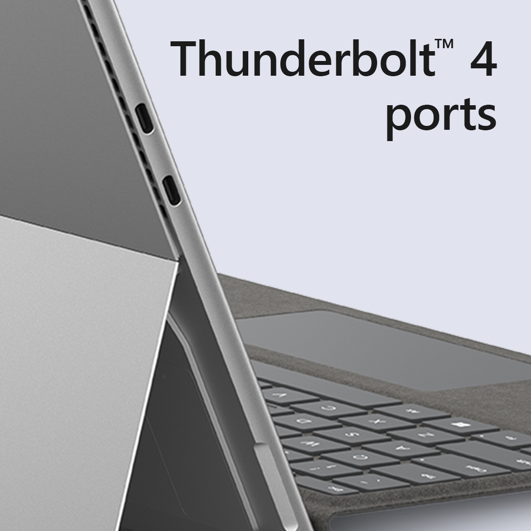Nahaufnahme eines Tablets mit Tastatur, die Thunderbolt 4 Anschlüsse hervorhebt.