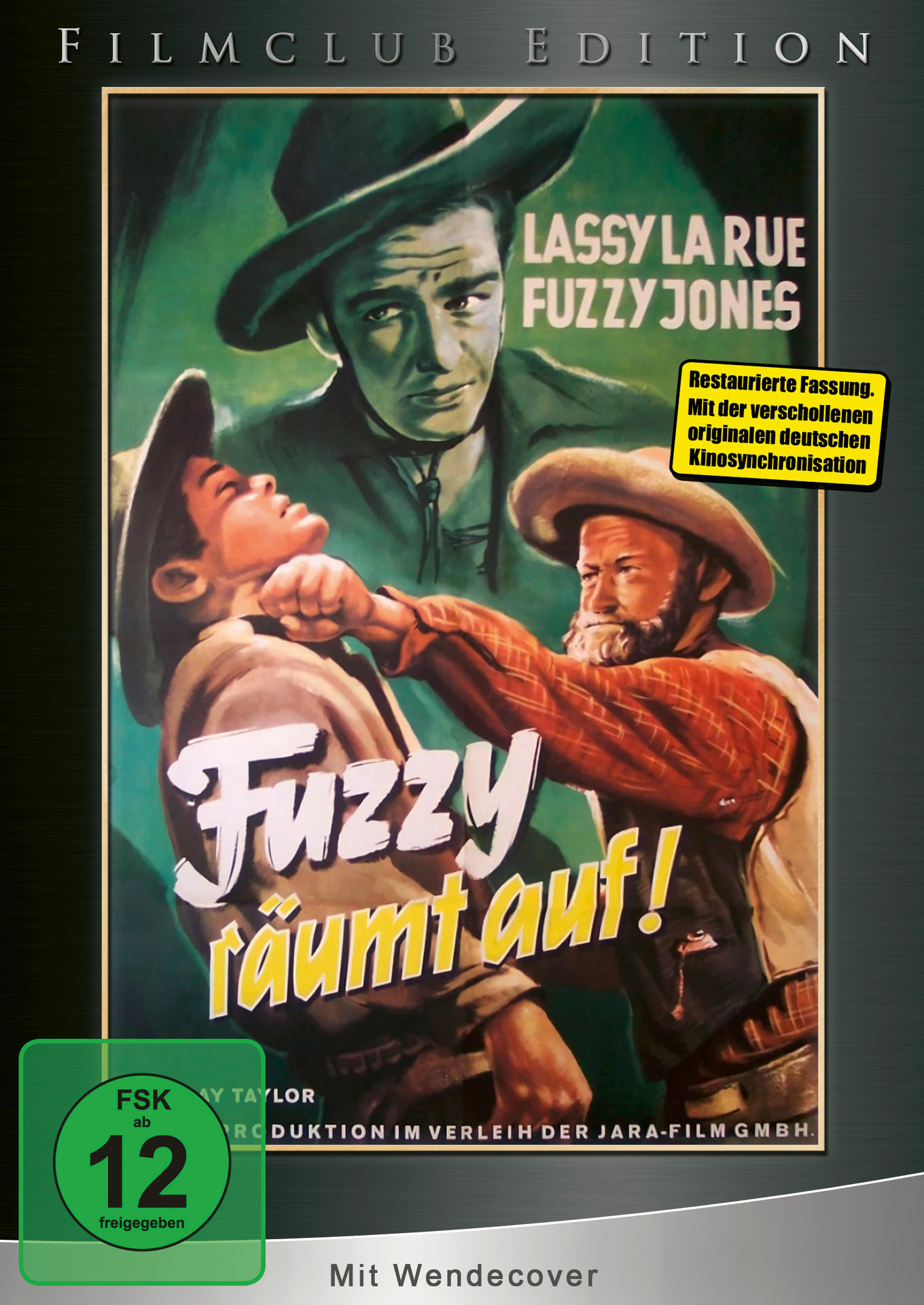Filmposter. Zwei Männer kämpfen im Vordergrund. Ein Mann mit Hut im Hintergrund. Text "Fuzzy räumt auf!".