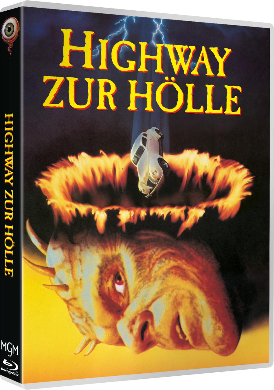 Filmcover mit einem Monster und einem Auto in Flammen. Schwarz-weißer Hintergrund.
