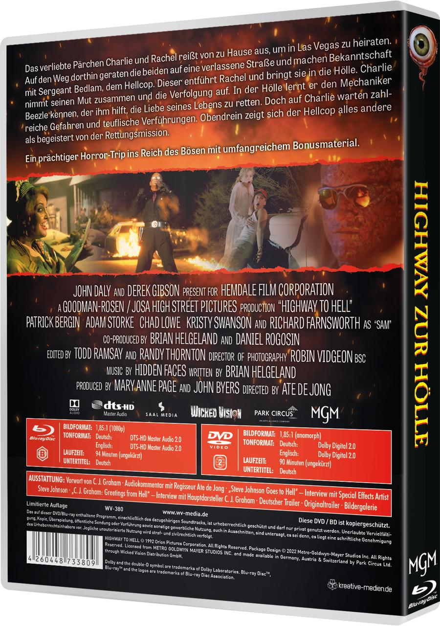 Filmposter für 'Highway to Hell' mit Besetzungsdetails, DVD- & Blu-ray-Logos und einem Totenkopfauge.