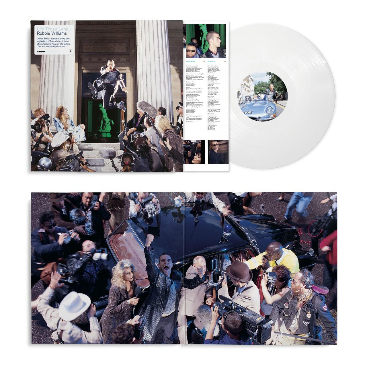 Robbie Williams platenhoes met een witte vinylplaat, foto's van mensen en tekst.