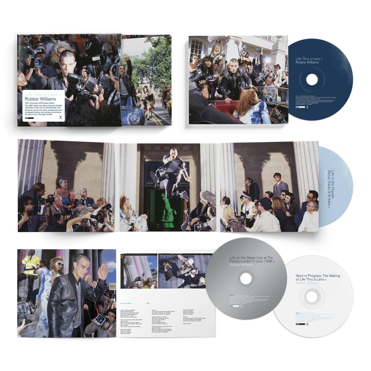 Robbie Williams albumhoes met meerdere afbeeldingen van de zanger en albumschijven.