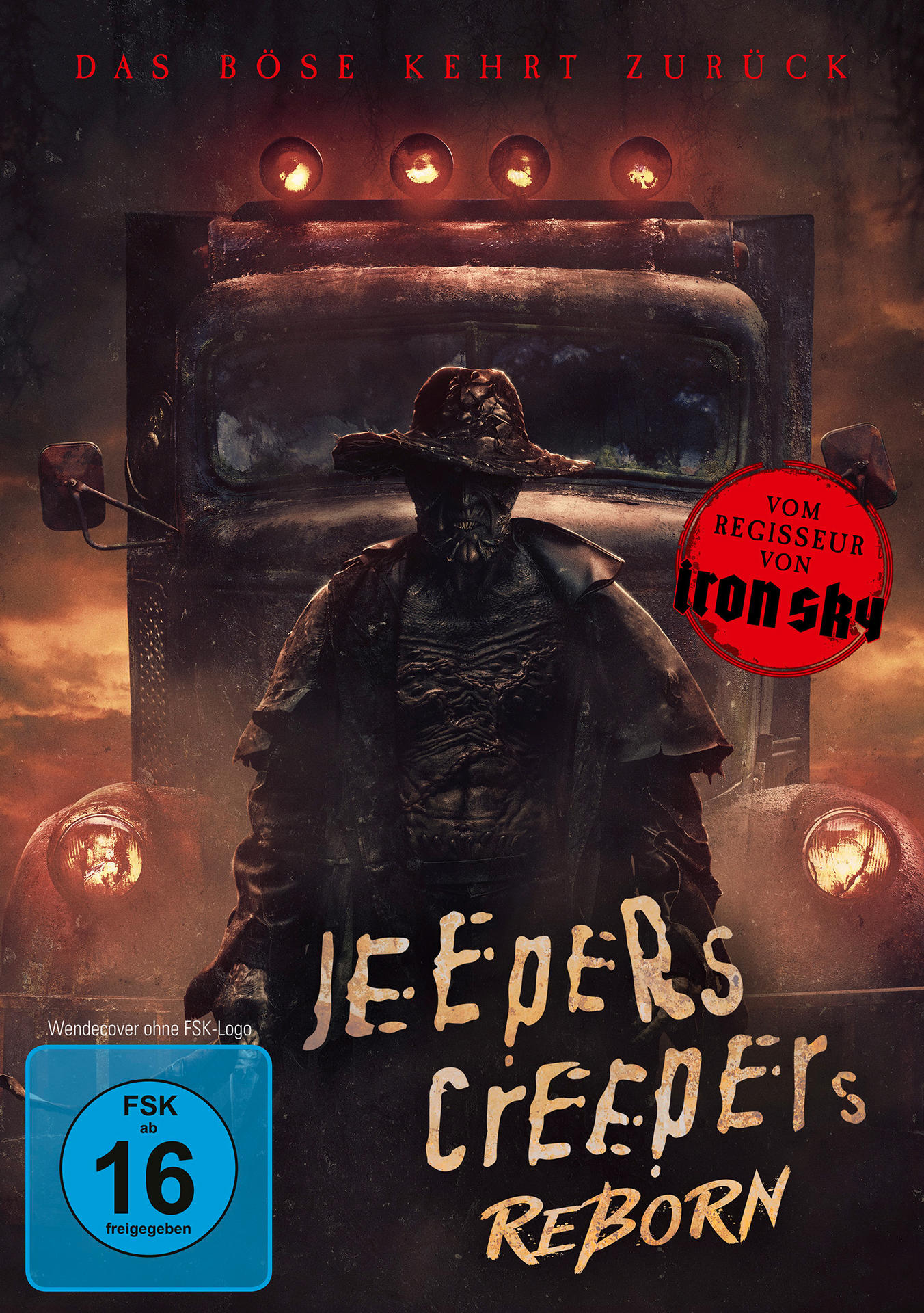 DVD-Cover: Gruseliges Monster, Truck, Text: Jeepers Creepers Reborn, und ein blaues Logo.