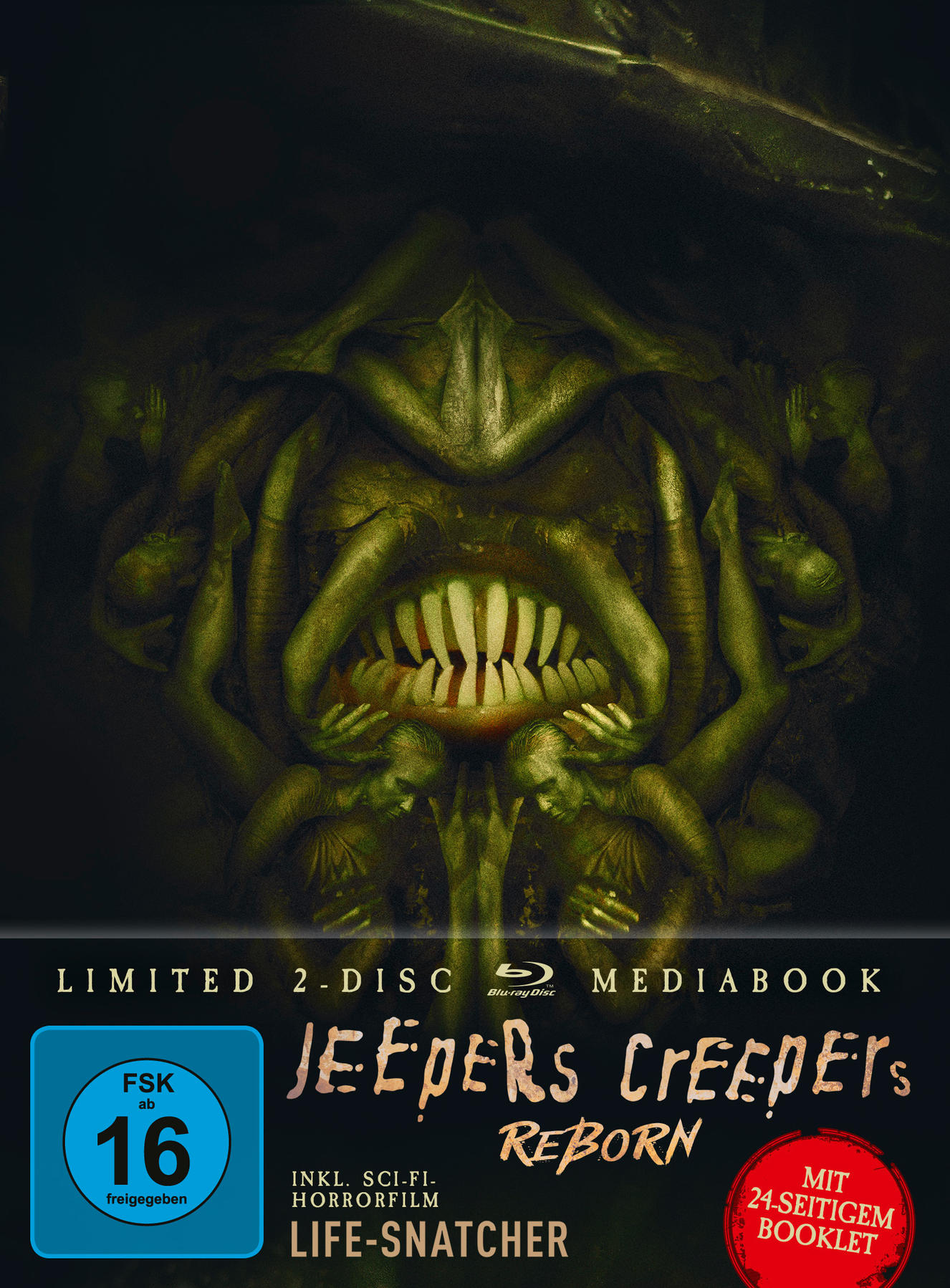 Jeepers Creepers Reborn DVD-Cover. Ein monströses Gesicht mit Figuren darum. FSK 16 Bewertung.
