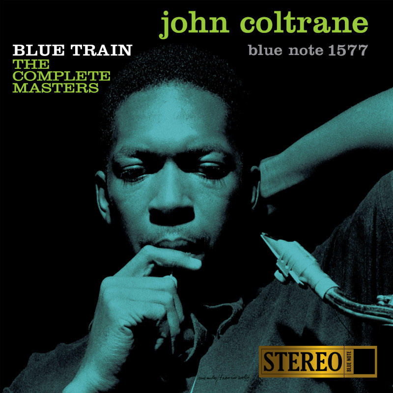 John Coltrane album borító portréval, szöveg: Blue Train, The Complete Masters.