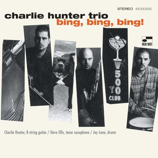 Album borító: Charlie Hunter Trio, 'bing, bing, bing!'. A zenekar tagjainak és egy martini kollázsa.