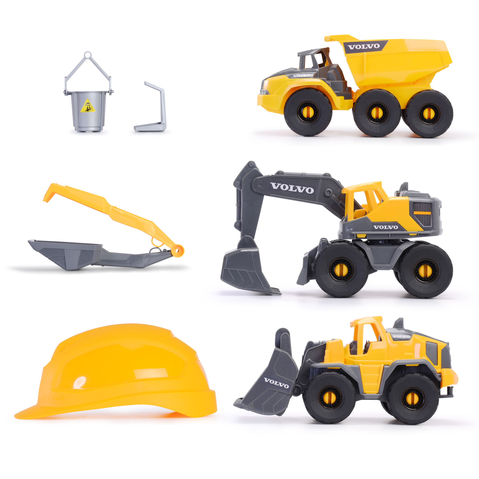 Gelbe Spielzeug-Baumaschinen, darunter ein Muldenkipper, Bagger, Bulldozer und ein Helm.