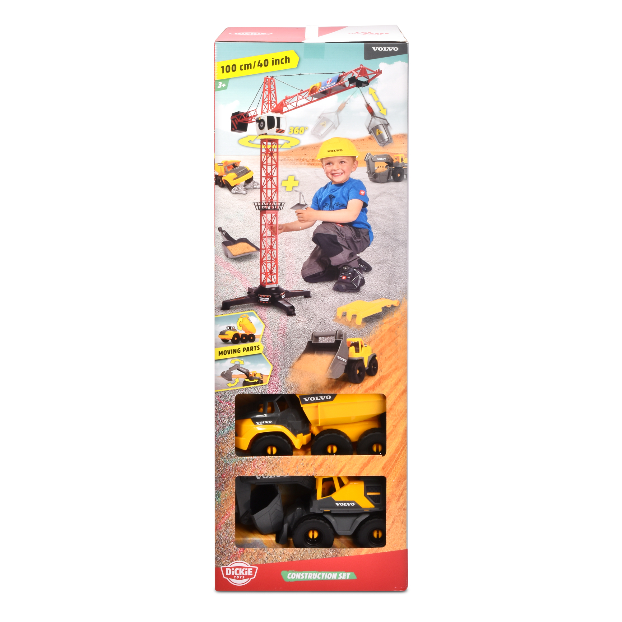 Spielzeug-Baukasten mit Kind und Volvo-Fahrzeugen.