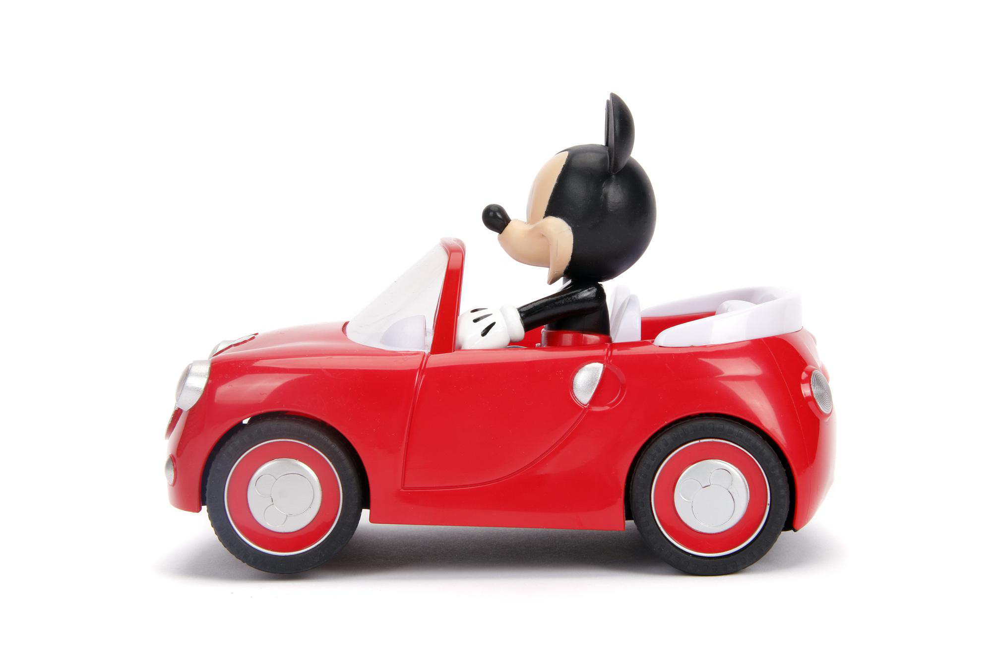 Mickey Mouse Spielzeugauto in Rot mit weißem Innenraum.