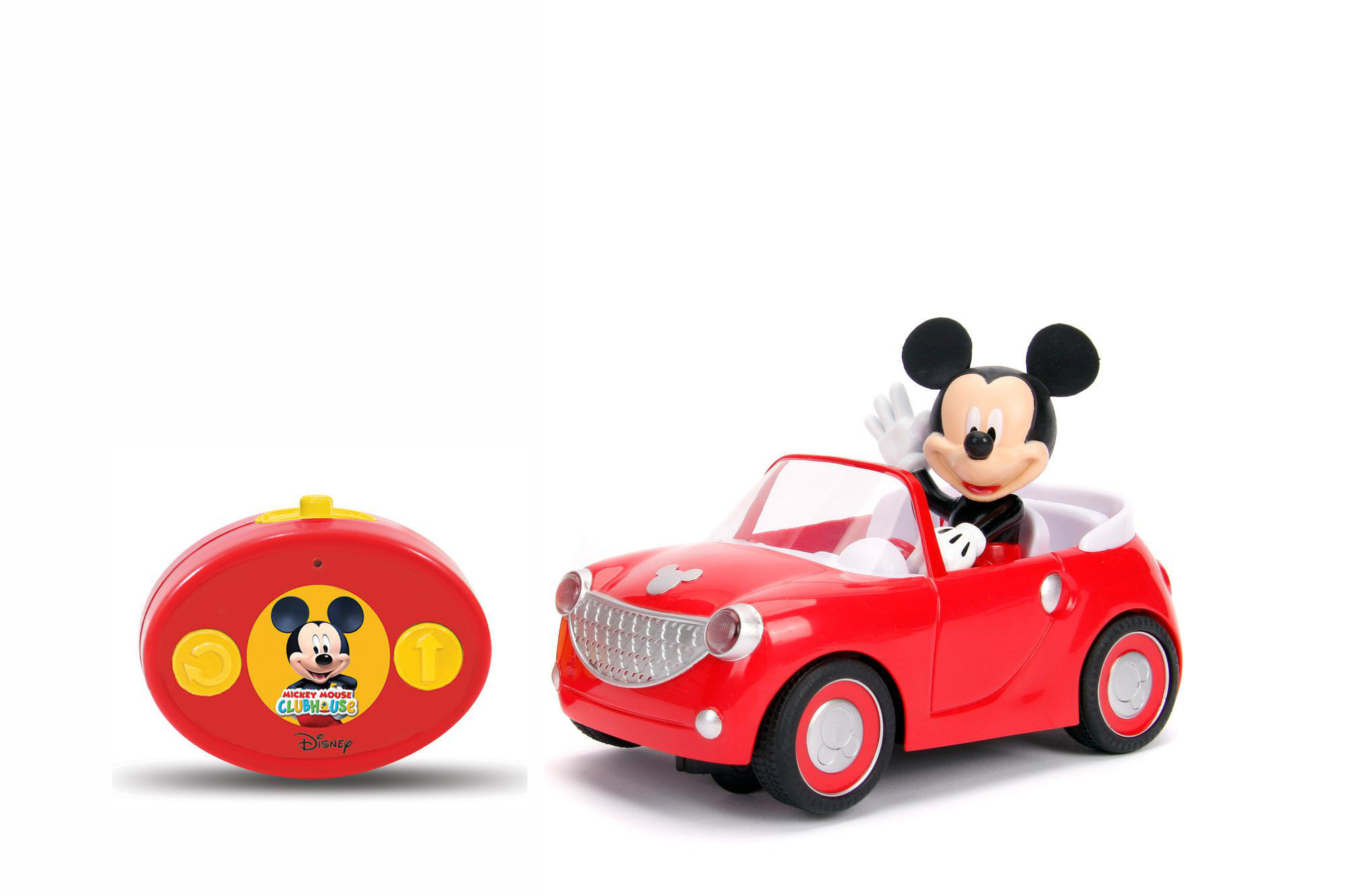 Mickey Mouse Spielzeugauto und Fernbedienung. Mickey winkt aus dem roten Cabrio.