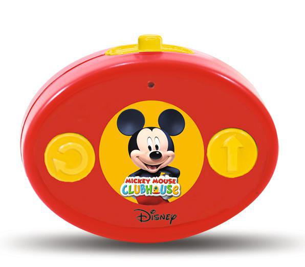 Rotes Mickey Mouse Clubhouse Spielzeug mit Knöpfen und Mickys Gesicht auf weißem Grund.
