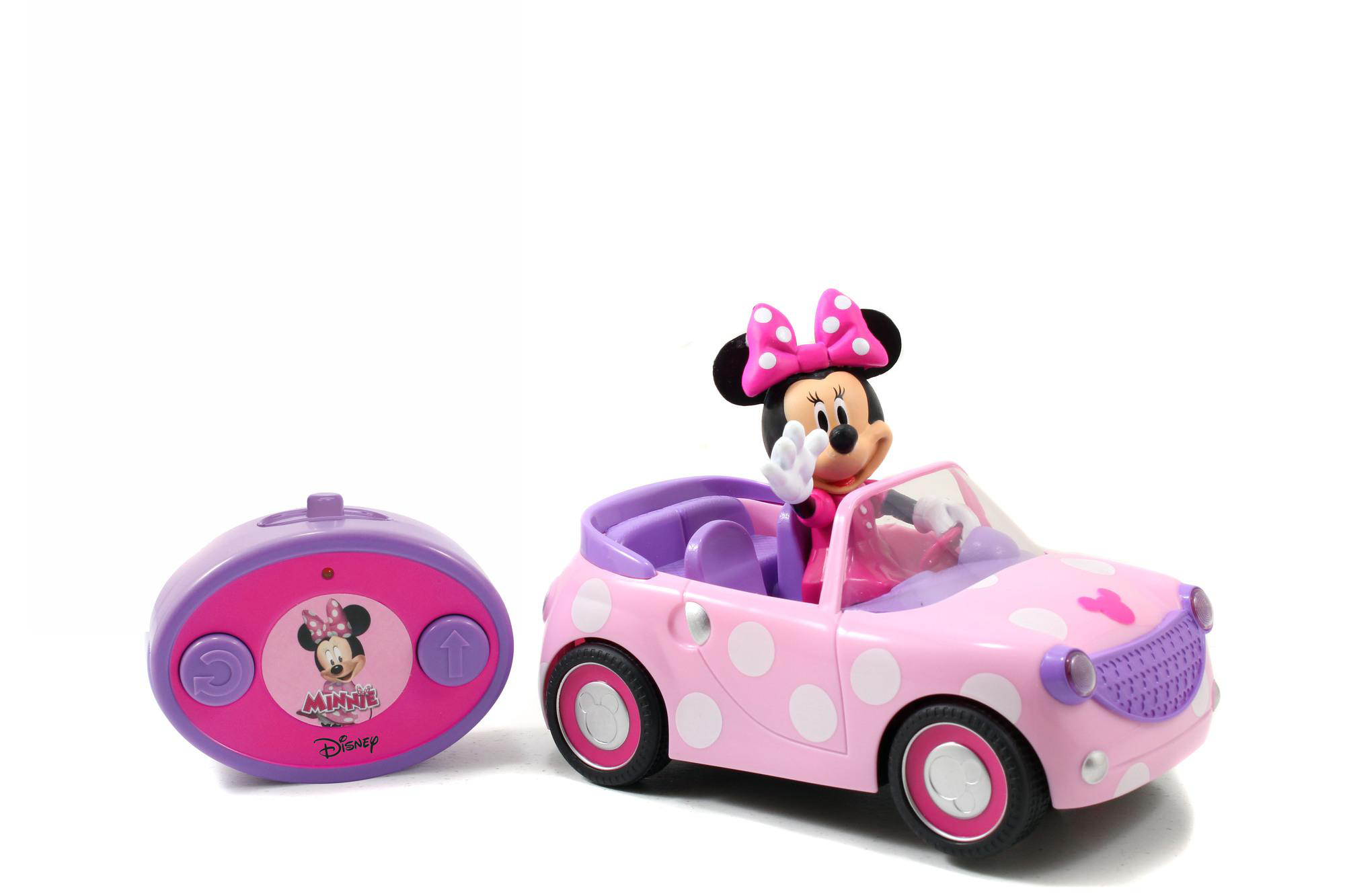 Minnie-Maus-Spielzeugauto mit Fernbedienung. Minnie winkt aus dem rosafarbenen Cabrio.