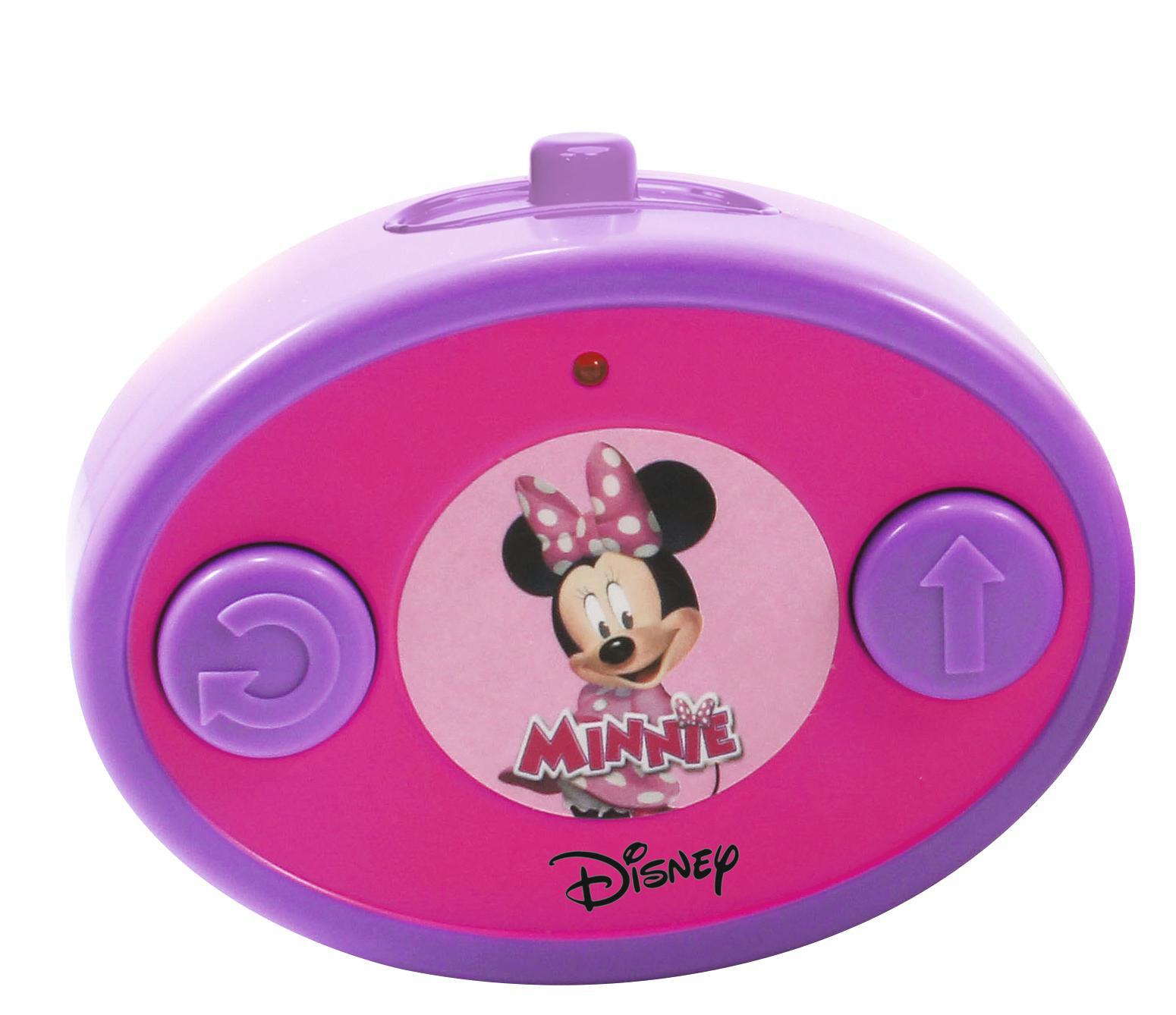 Ein pinkes und lila Minnie Mouse Spielzeug-Steuerelement. Minnie Mouse ist auf dem Spielzeug.