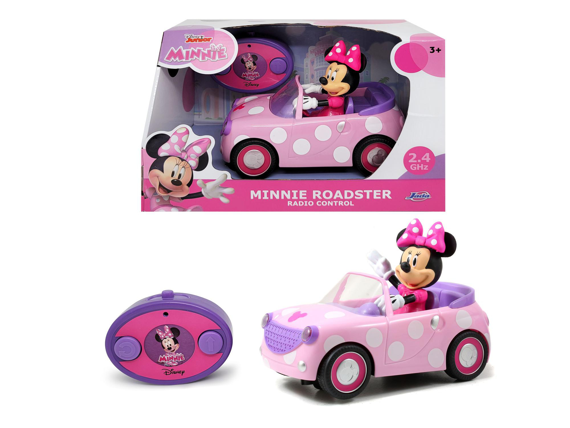 Minnie Mouse Roadster Spielzeug in einer Box und separat, mit Fernbedienung.