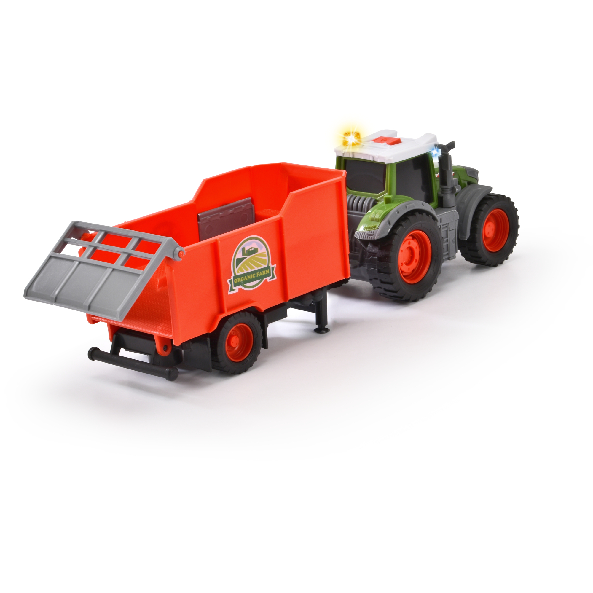Spielzeugtraktor mit orangefarbenem Anhänger. Grüner Traktor mit roten Rädern und Lichtern, auf weißem Grund.