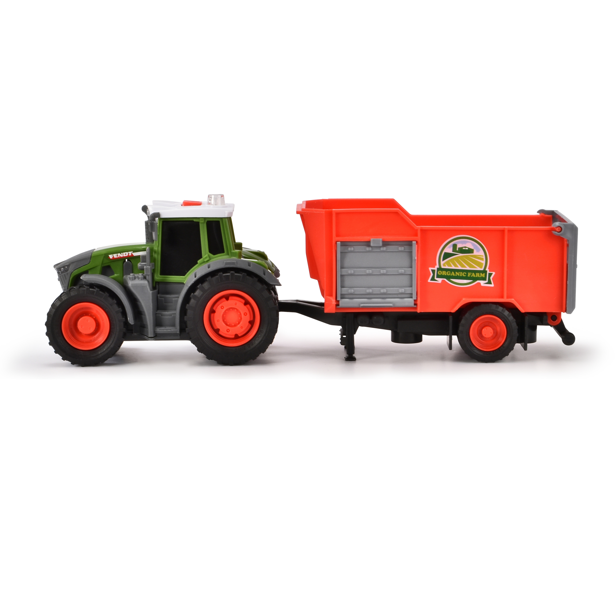 Grün-grauer Traktor mit rotem Anhänger mit 'Organic Farm' Logo auf weißem Grund.