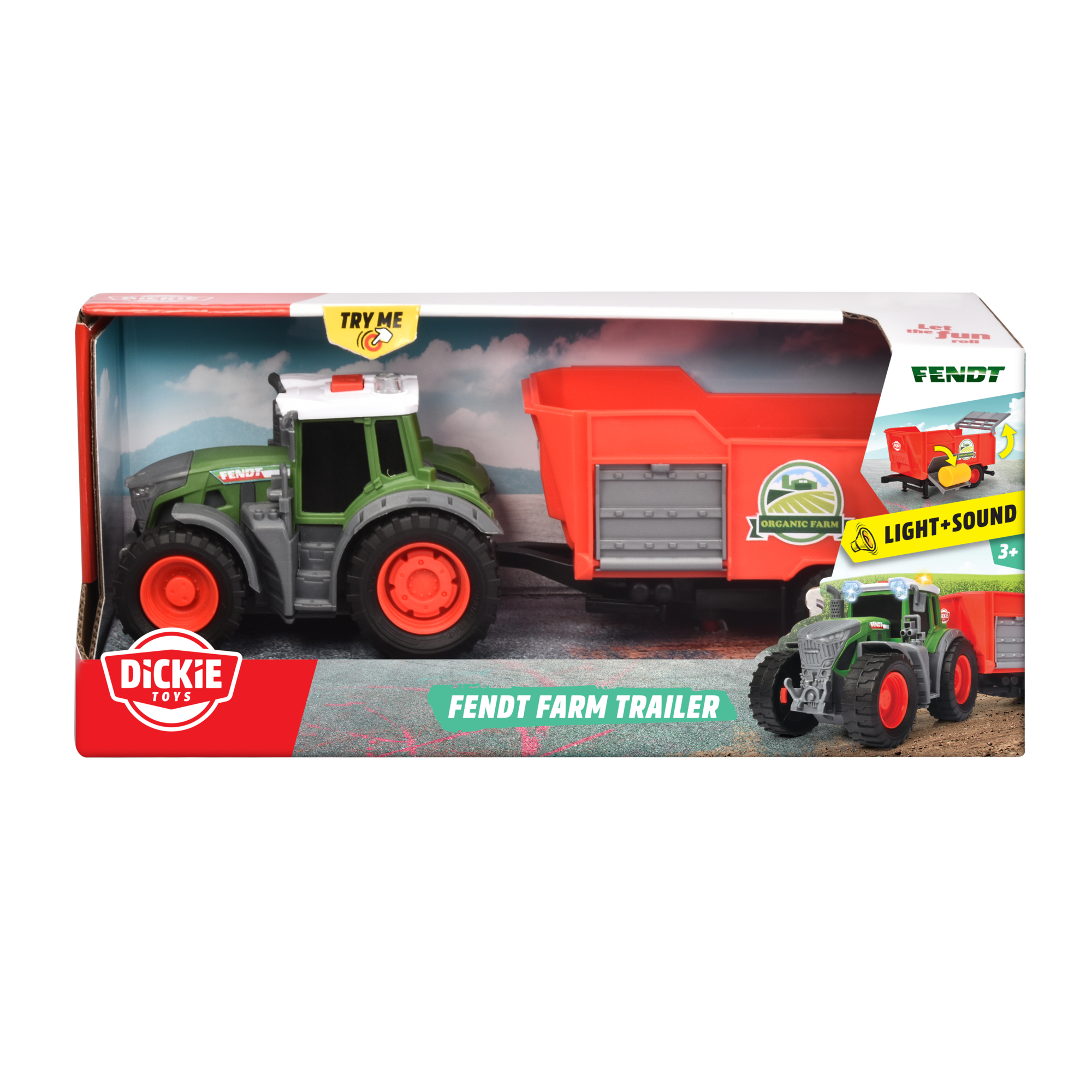 Ein Spielzeugtraktor mit rotem Anhänger, in seiner Box präsentiert, mit der Marke 'Dickie Toys'.