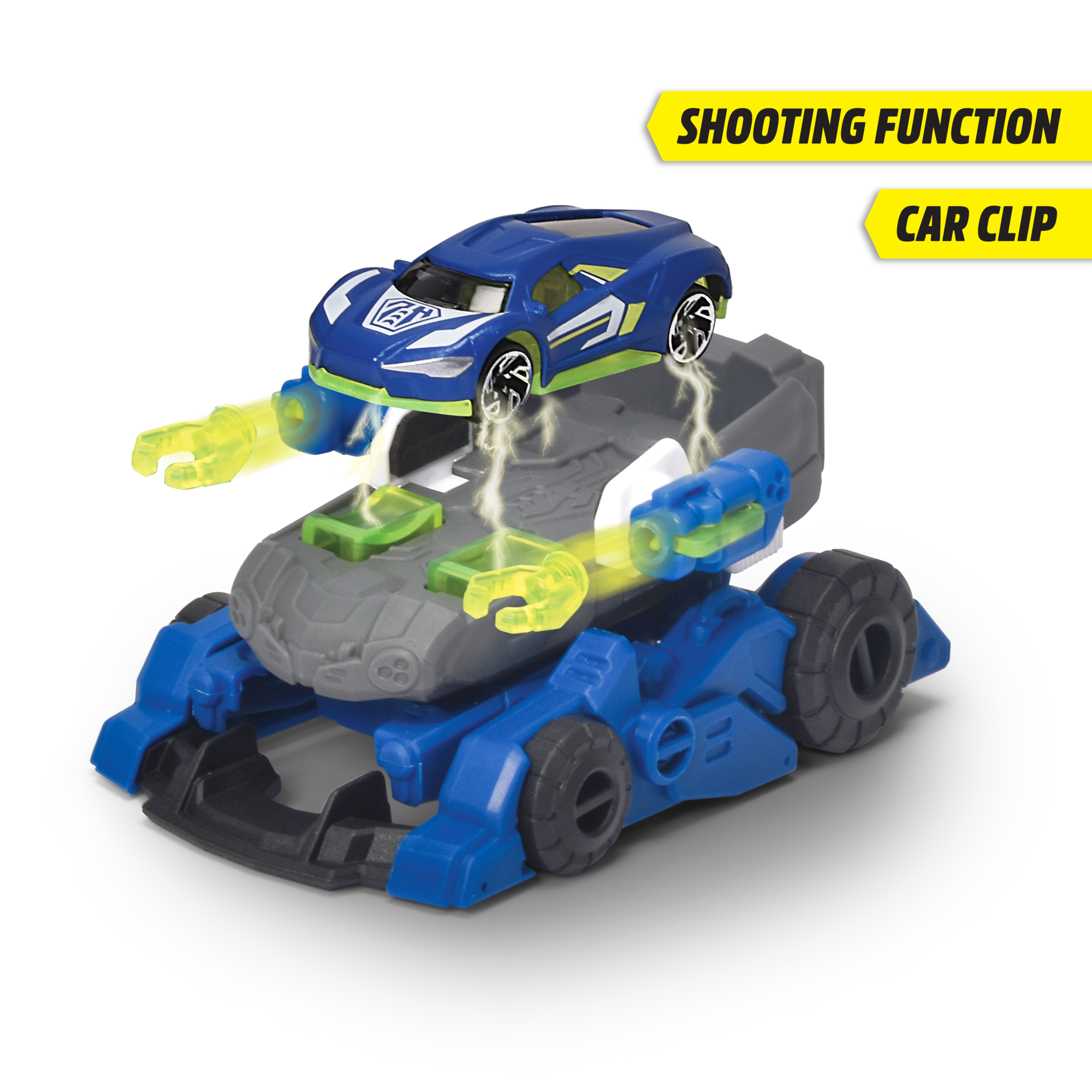 Blaues und graues Spielzeugauto mit einem Autoclip. Ein blaues Auto ist oben mit Blitzen versehen.