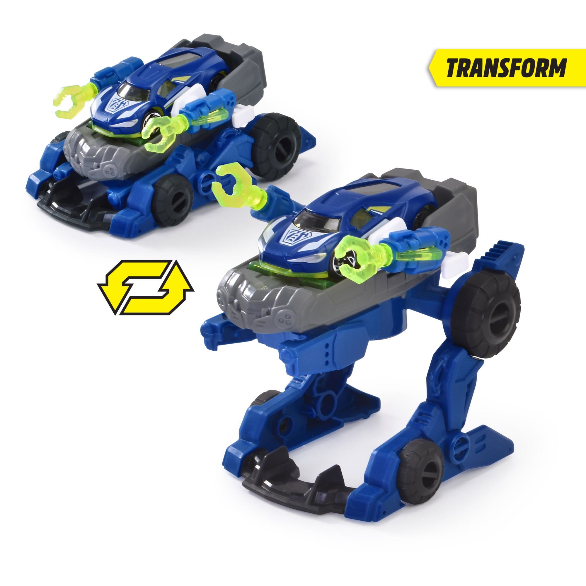 Zwei verwandelnde Spielzeugautos: eines in Autoform, eines in Roboterform mit gelbem Pfeil.