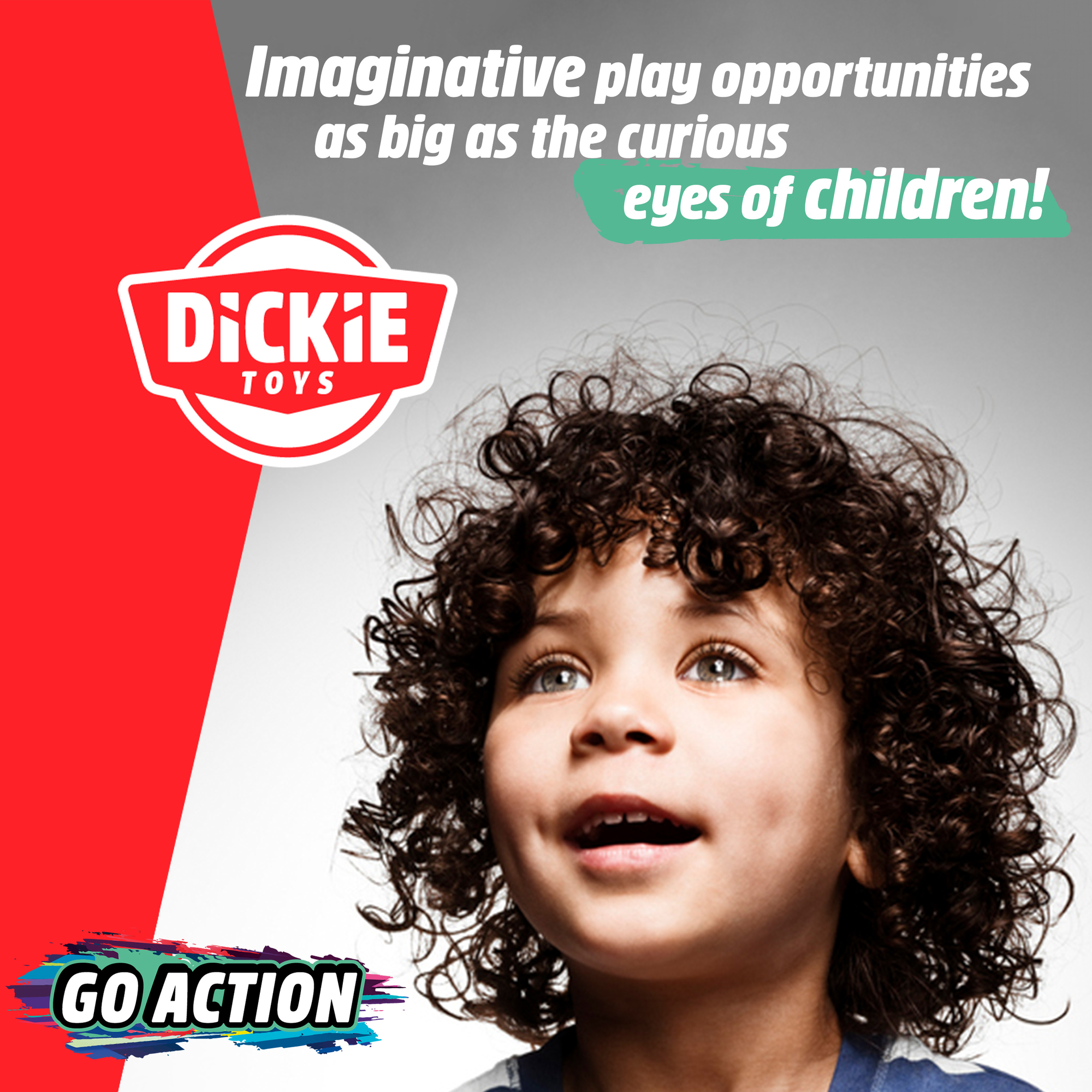 Junge mit Locken blickt auf Text: Dickie Toys, Imaginative Spielmöglichkeiten.