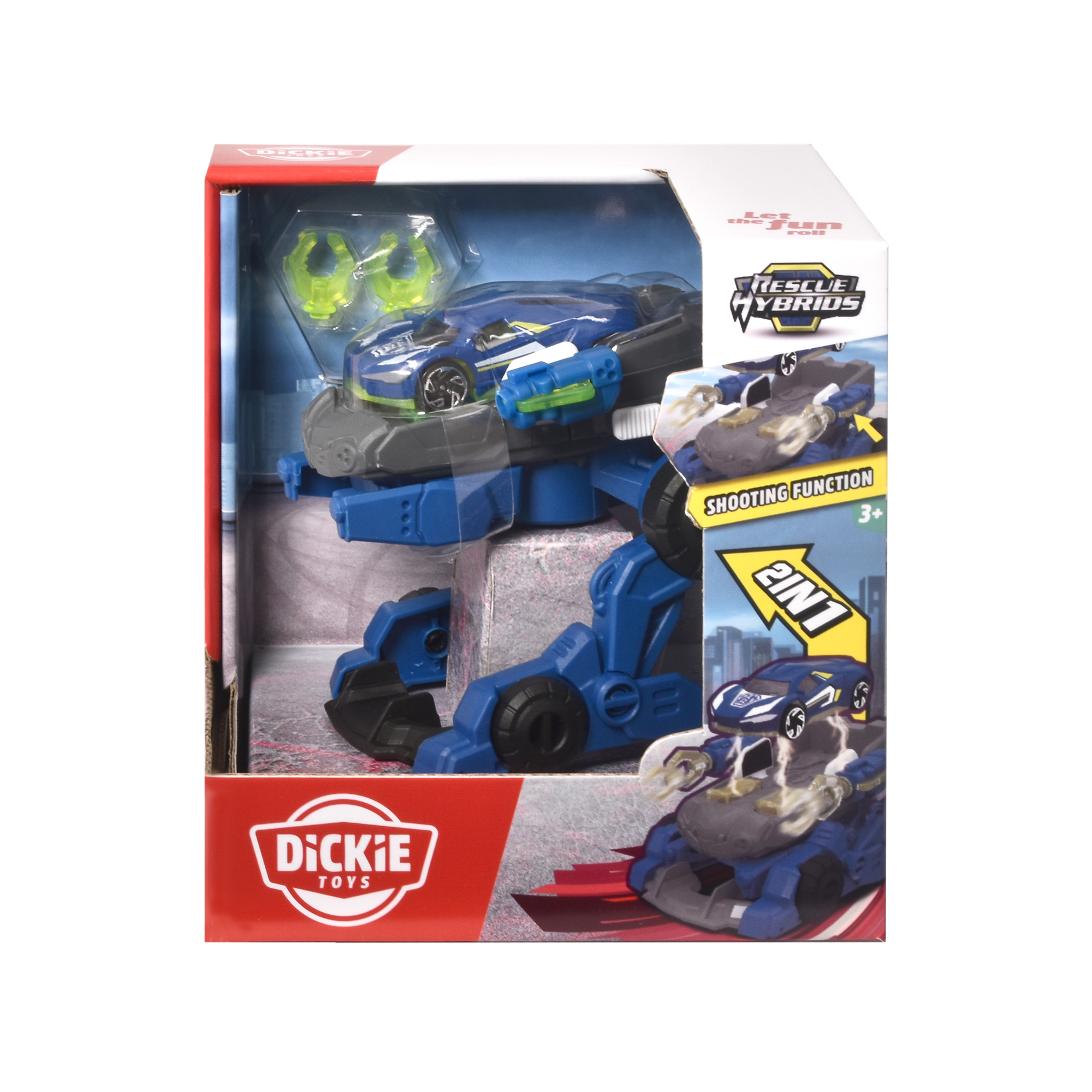 Spielzeugauto in einer Box. Das Spielzeug ist ein blauer und grauer Transformer mit einem Auto in der Box.