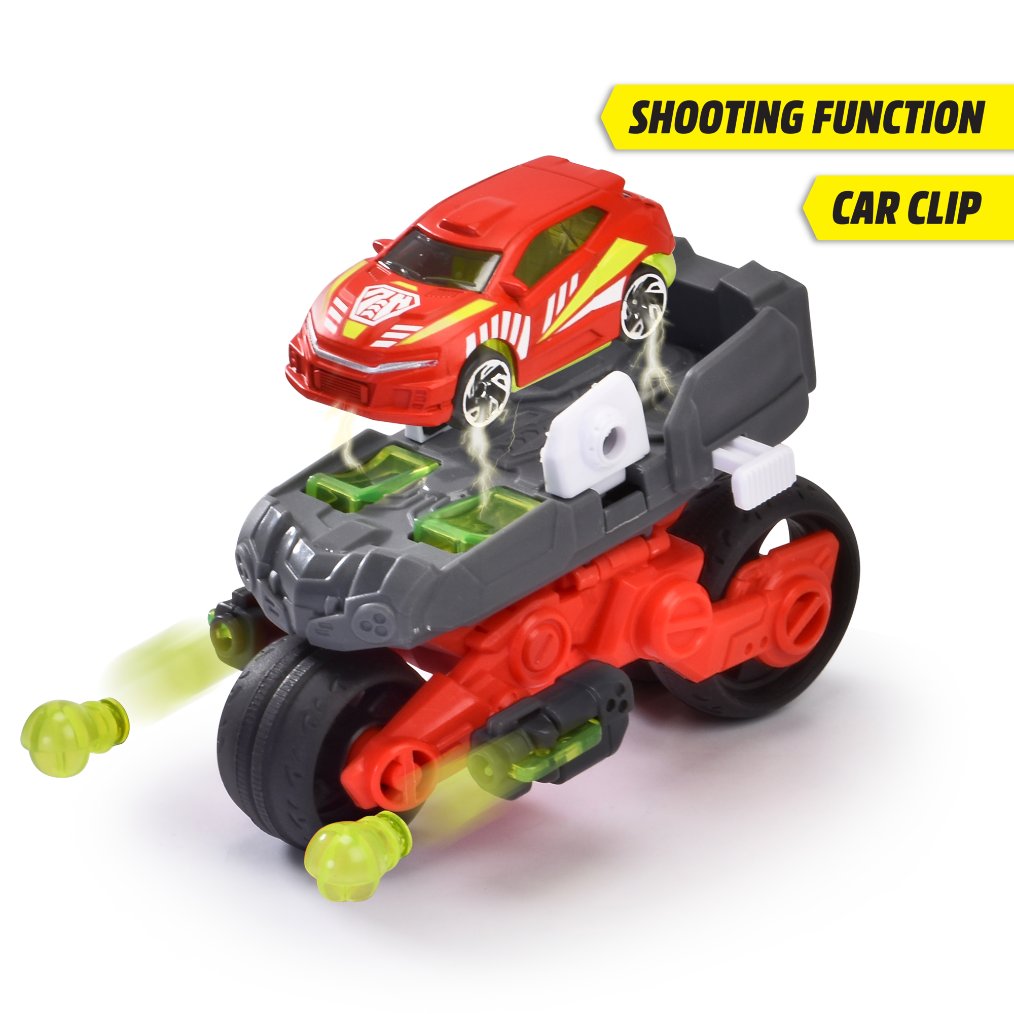 Ein rotes Spielzeugauto startet von einer grauen Basis. Das Spielzeug steht auf weißem Grund. Grüne Geschosse.