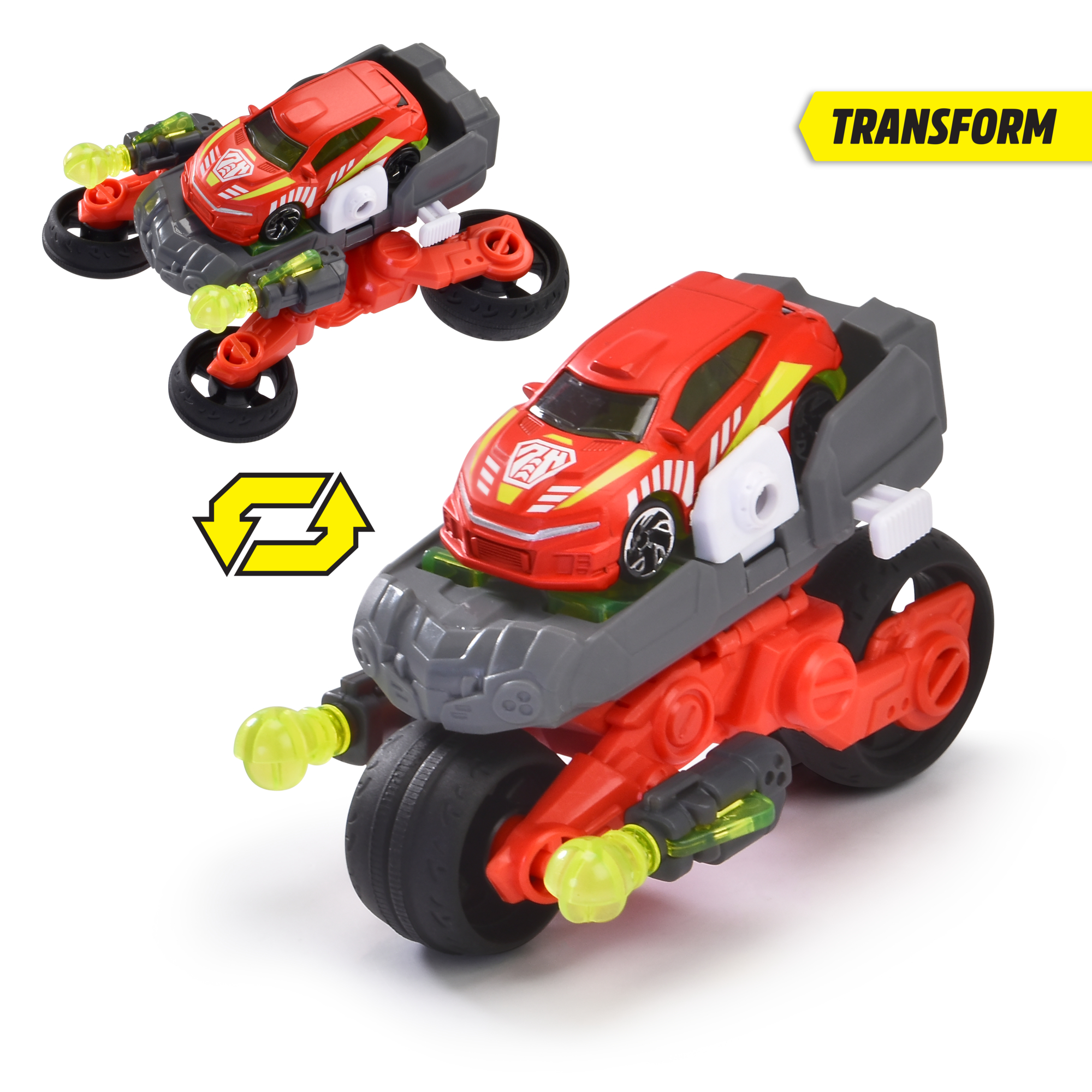 Zwei Spielzeugautos, eines verwandelt sich in ein Motorrad mit gelbem Label.