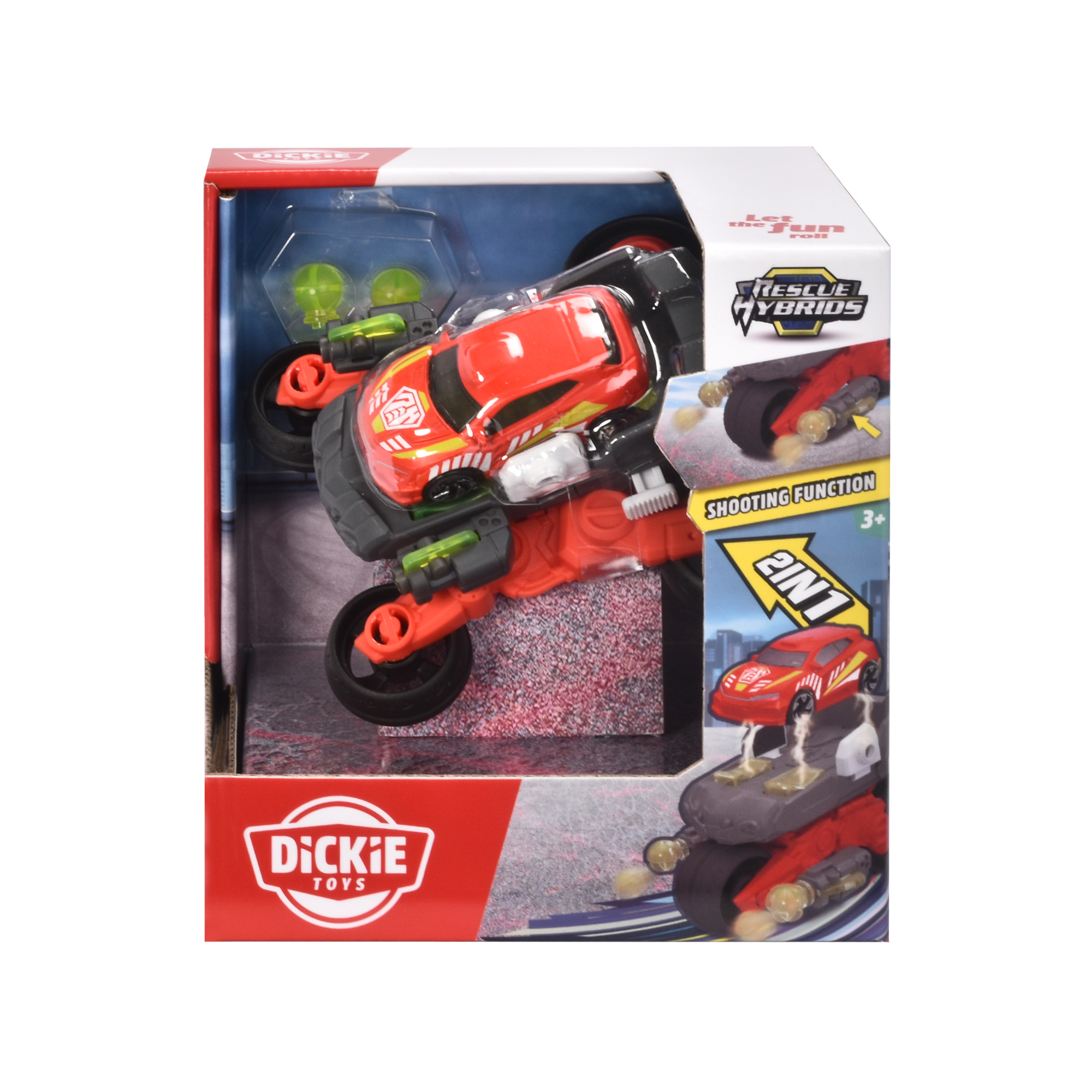 Spielzeugauto in einer Box. Das Auto ist rot und schwarz. Die Box sagt 'Dickie Toys' und 'Rescue Hybrids'.