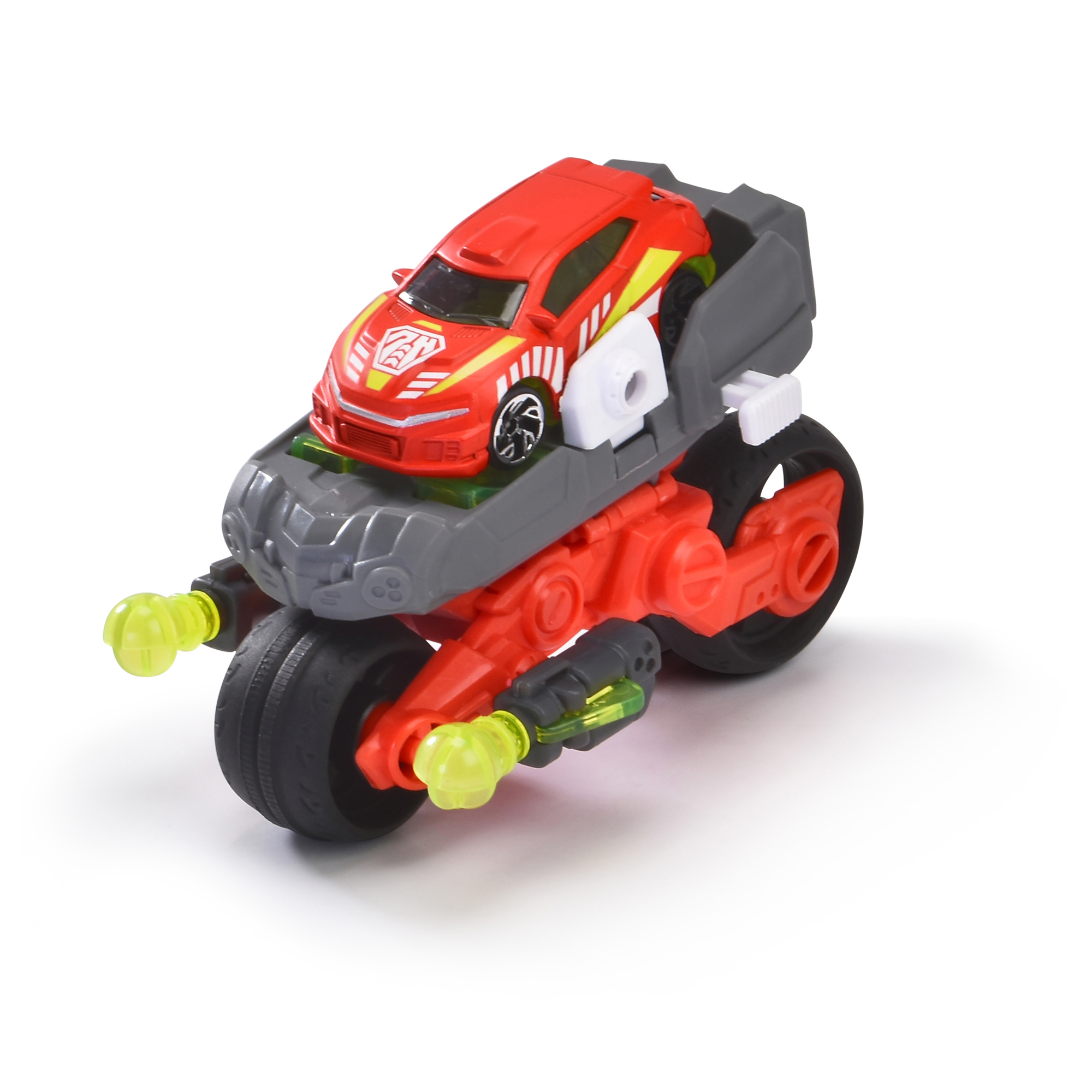 Rotes Spielzeugauto auf Motorrad-ähnlicher Basis. Weißer Hintergrund.