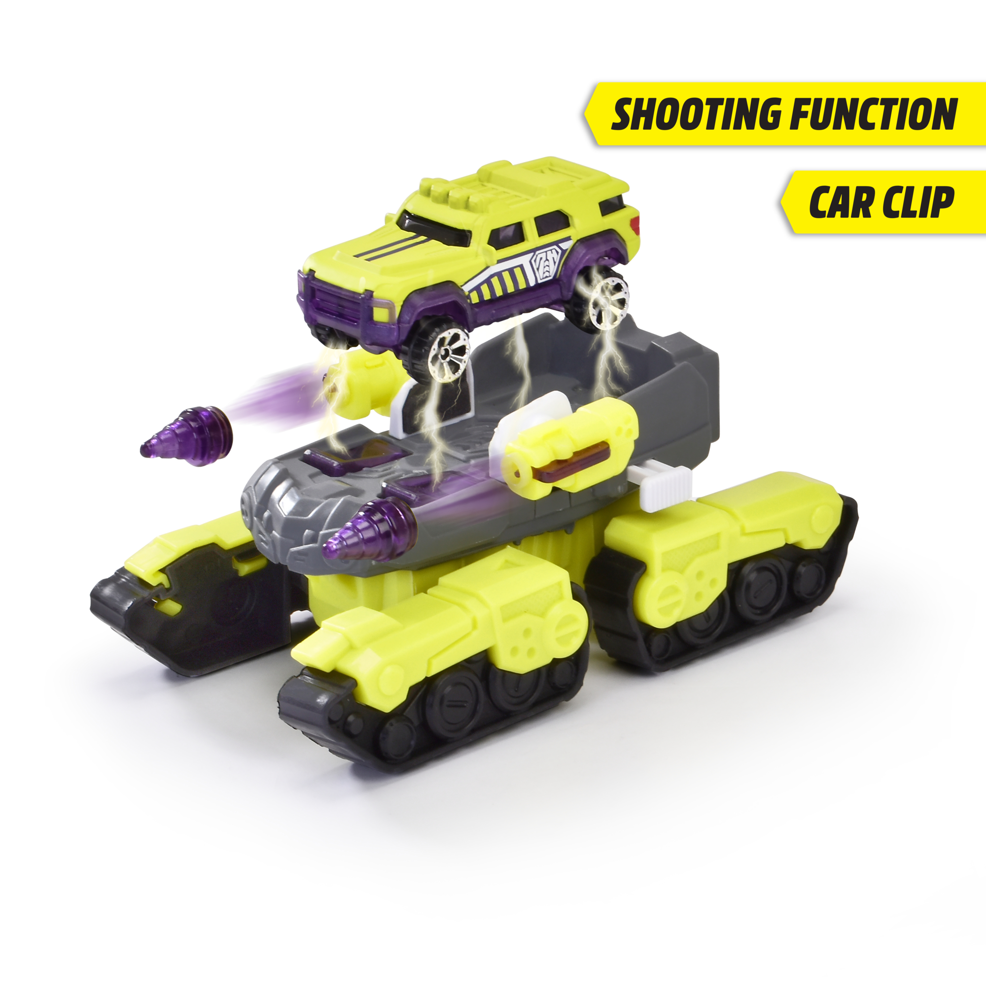 Ein gelb-violettes Spielzeugfahrzeug mit Schussfunktion, mit angebrachtem Auto-Clip.