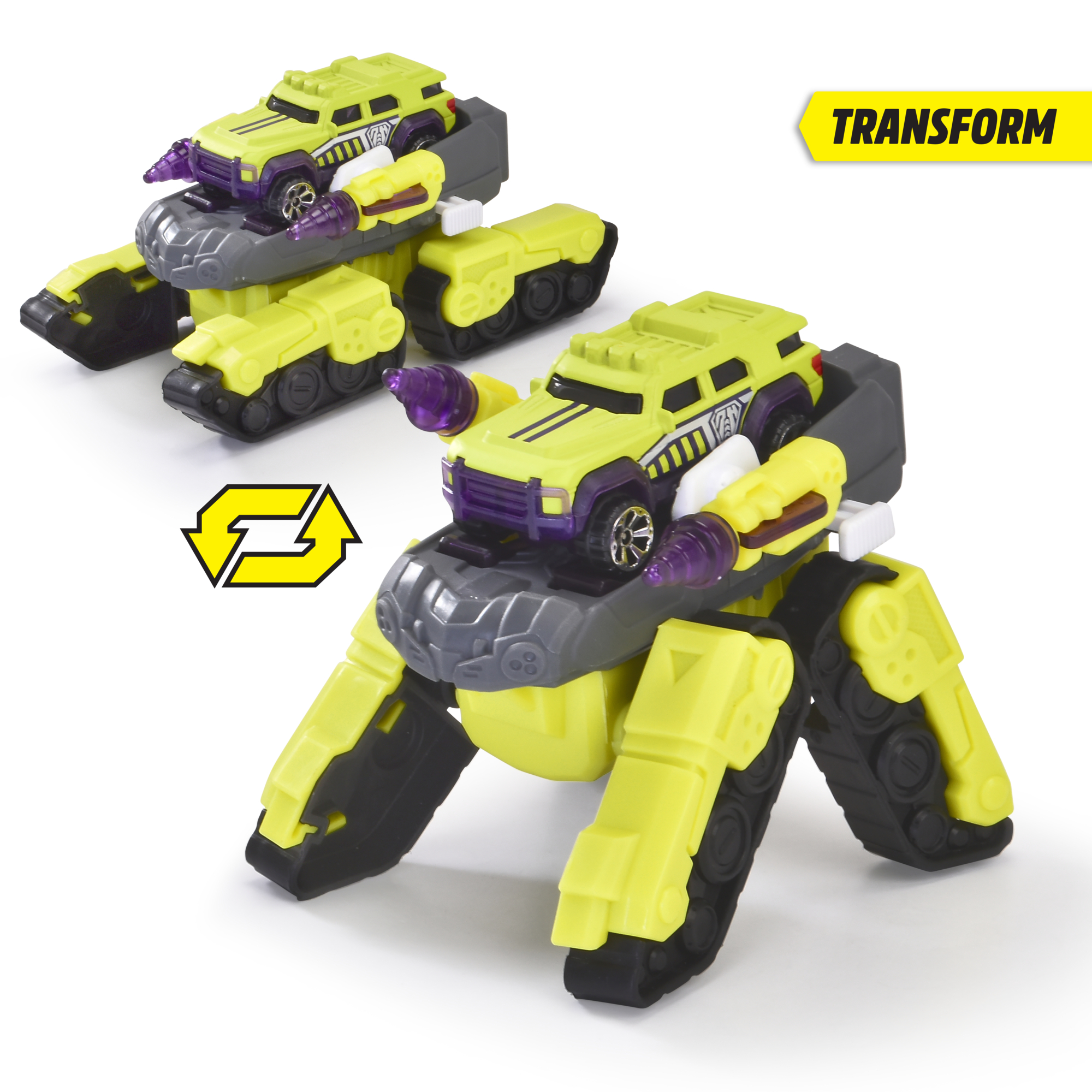 Zwei Spielzeugautos in transformierbarer Form. Das gelbe Auto befindet sich oben auf dem grauen.