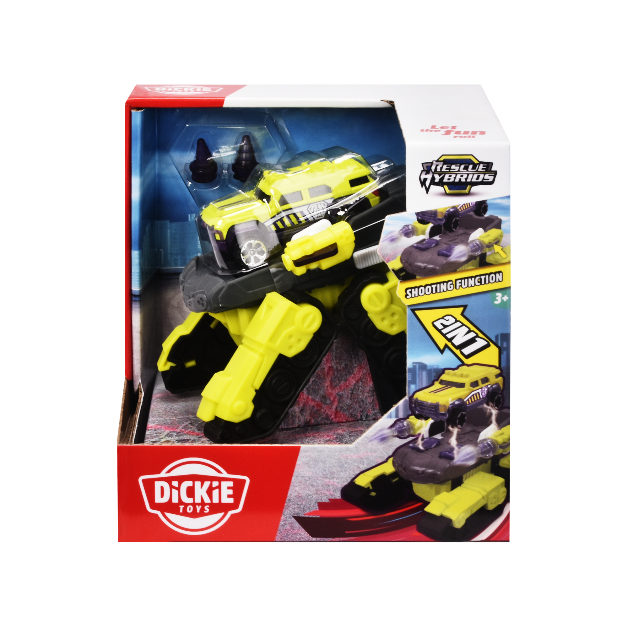 Ein Spielzeug in einer Box, mit einem gelben und schwarzen Roboter-Spielzeug.