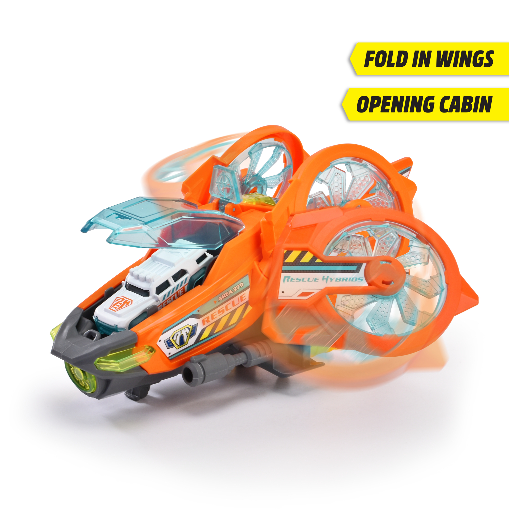 Spielzeug-Rettungsfahrzeug mit geöffneten Flügeln. Orange und weiße Farben. Sagt 'Rescue Hybrids'.