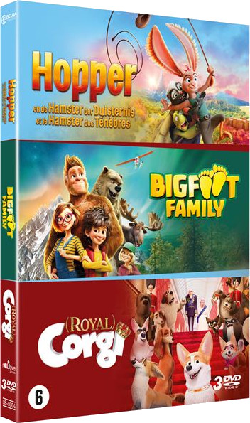 Coffret DVD avec trois couvertures de films : Hopper, Bigfoot Family et Royal Corgi.