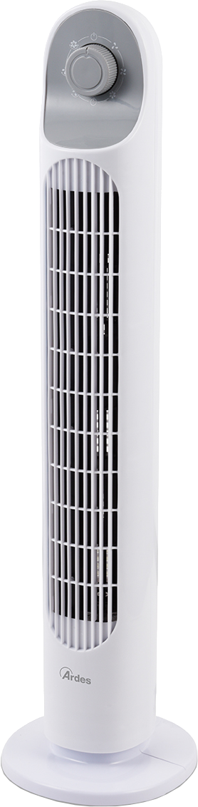 Ventilateur tour blanc. Il possède des lamelles verticales et un panneau de commande avec molette et boutons.
