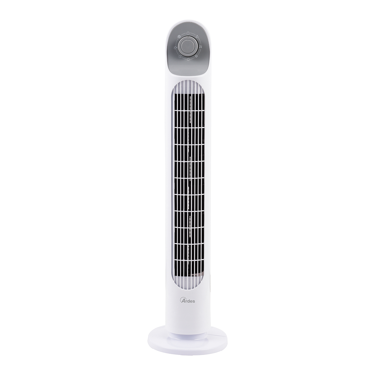 Un ventilateur tour blanc avec un panneau de commande gris sur fond blanc.