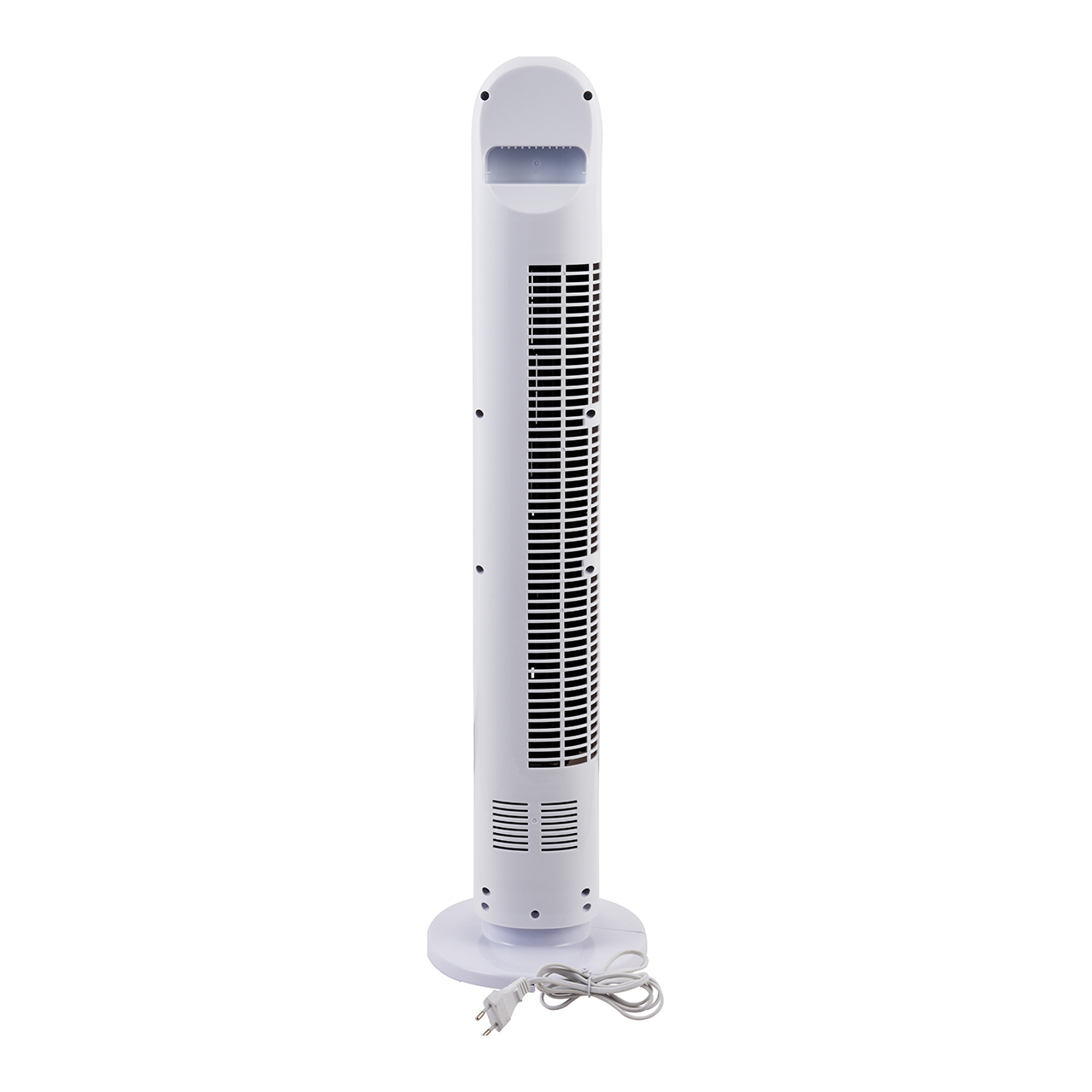 Un grand ventilateur tour blanc avec un panneau de commande en haut et un cordon d'alimentation.
