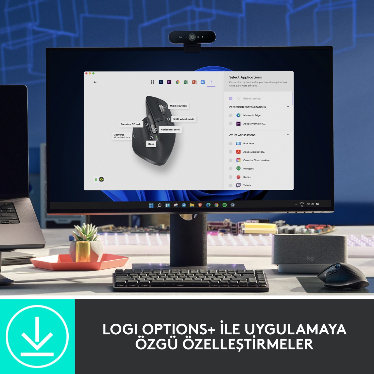 Bir Logitech fare, klavye ve uygulama özelleştirme seçenekleriyle bir web kamerasının görüntülendiği bir monitör.