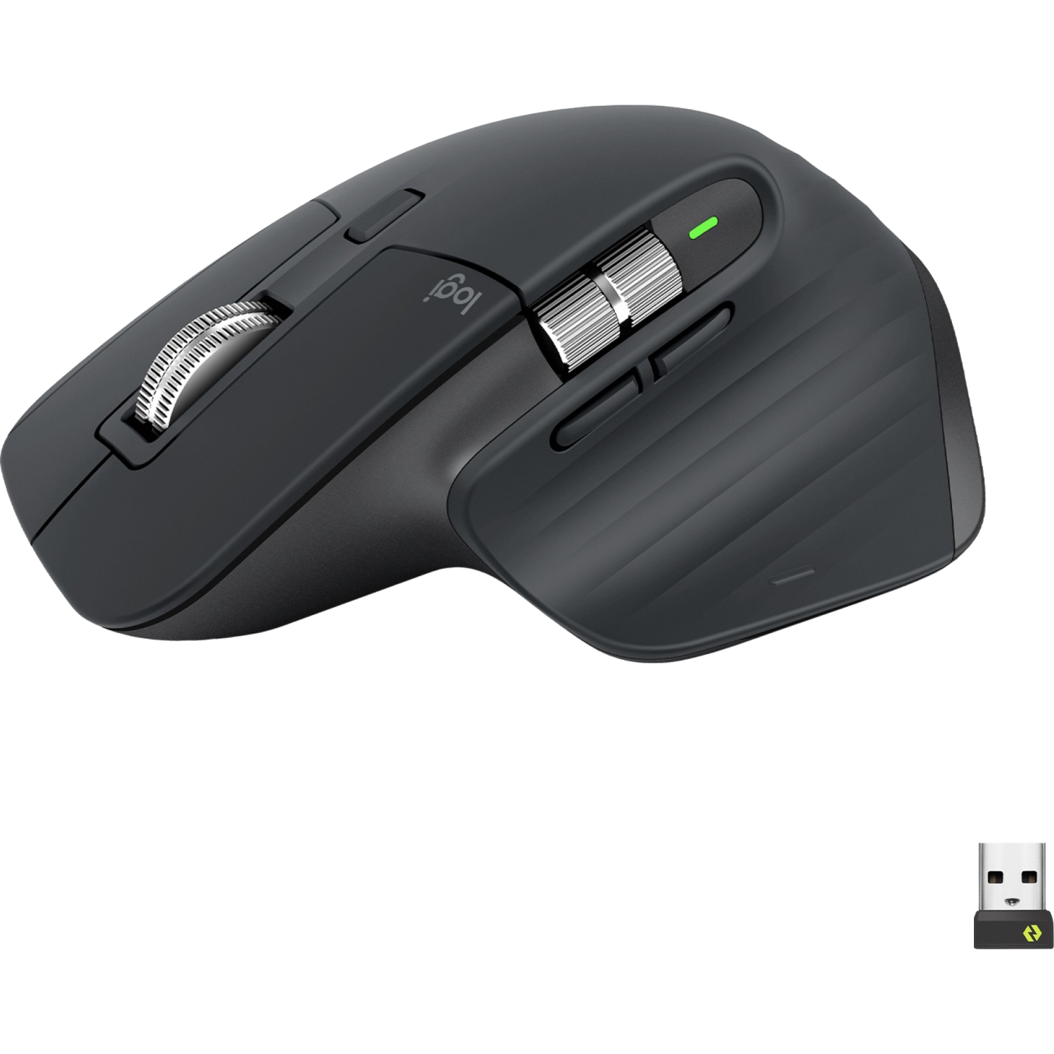 Siyah Logitech fare, kaydırma tekerleği ve düğmeler.